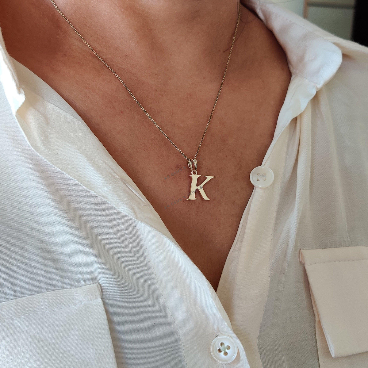 14K Solid Gold Initial K Pendant - Letter Charm