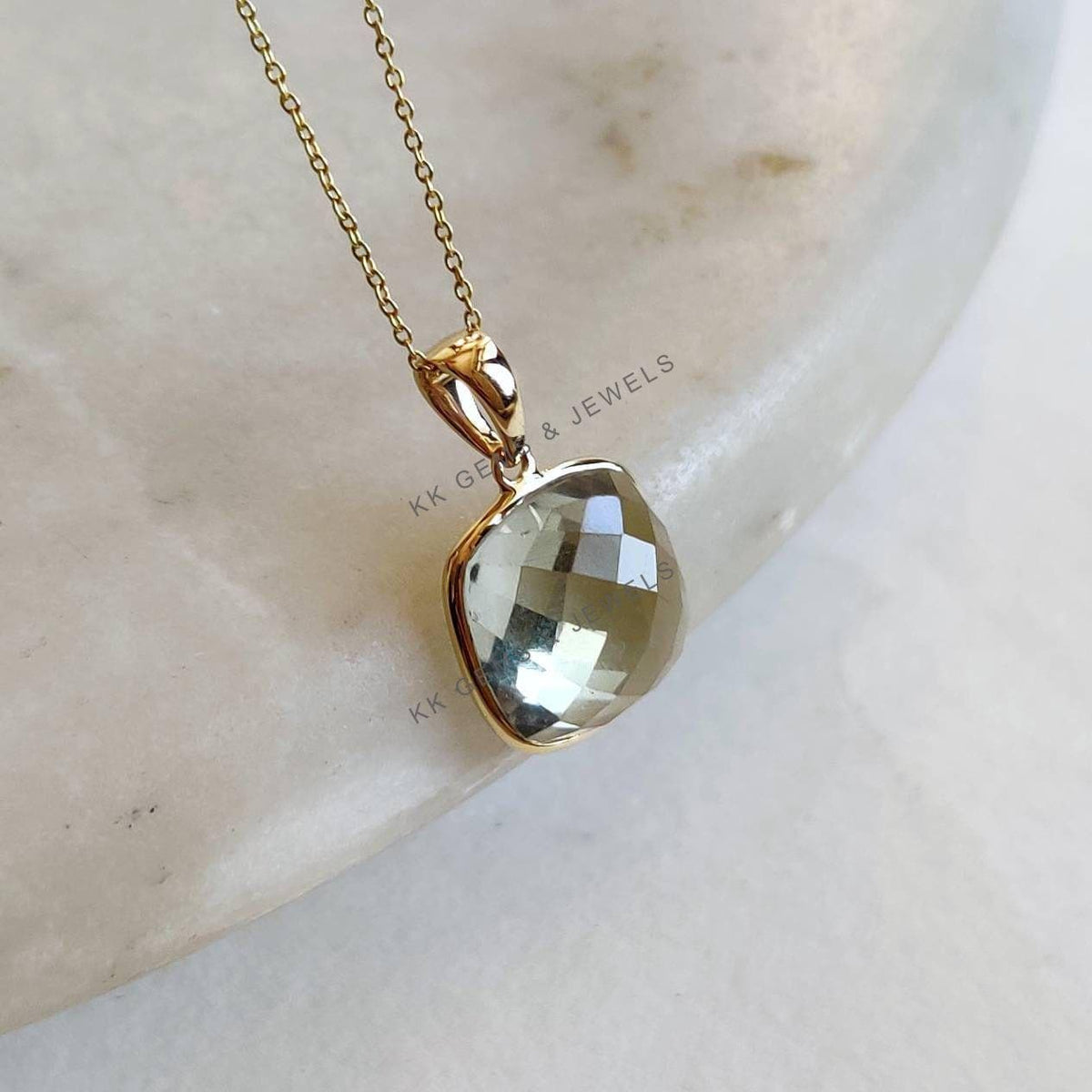 Natural Green Amethyst Pendant, 14K Solid Yellow Gold, February Birthstone