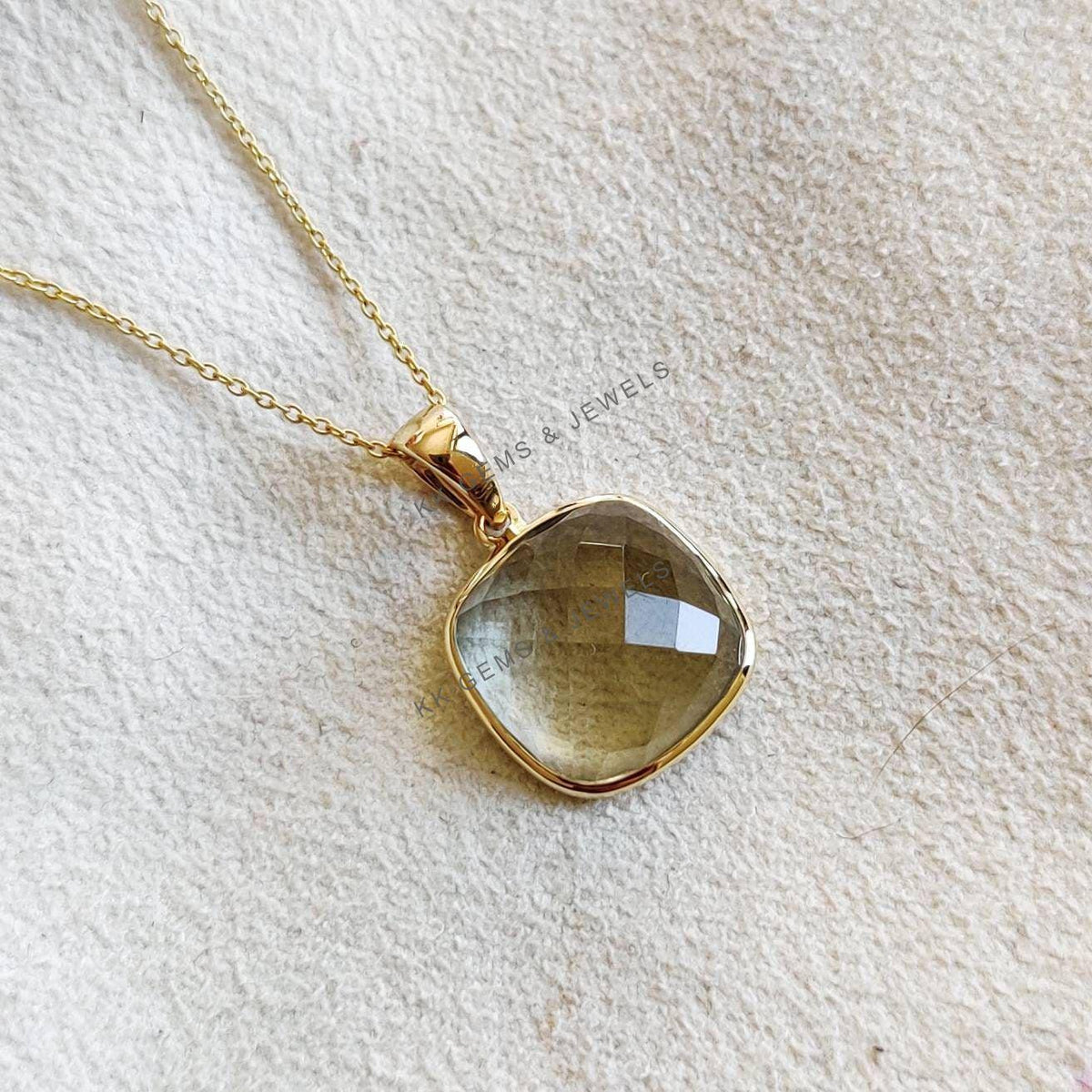 Natural Green Amethyst Pendant, 14K Solid Yellow Gold, February Birthstone