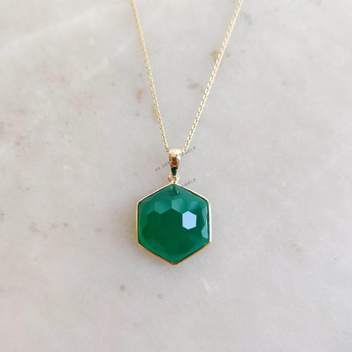 14K Solid Gold Natural Green Onyx Pendant, May Birthstone Jewelry