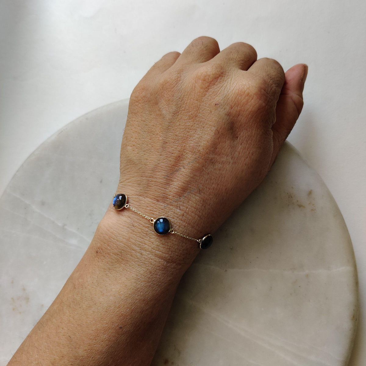 14K Solid Yellow Gold Natural Labradorite Bracelet, Gemstone Chain Bracelet