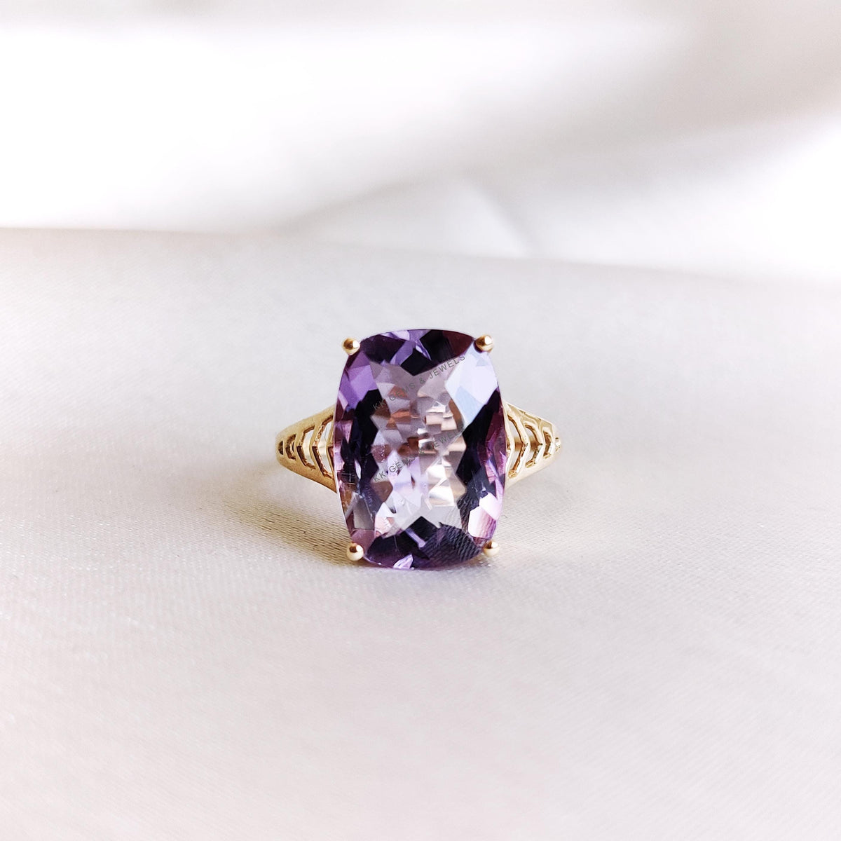 14K Solid Yellow Gold Natural Purple Amethyst Ring, Rectangle Briolette Cut, February Birthstone