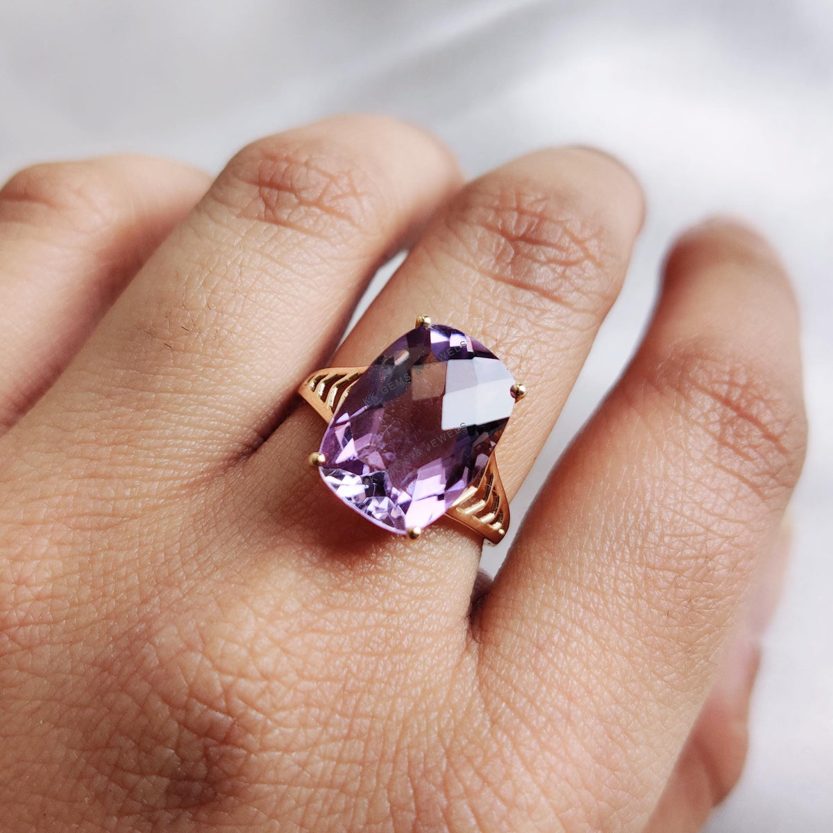 14K Solid Yellow Gold Natural Purple Amethyst Ring, Rectangle Briolette Cut, February Birthstone