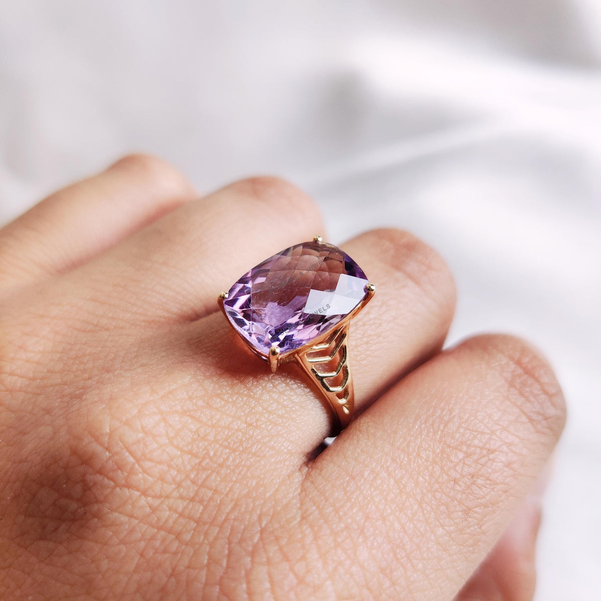 14K Solid Yellow Gold Natural Purple Amethyst Ring, Rectangle Briolette Cut, February Birthstone