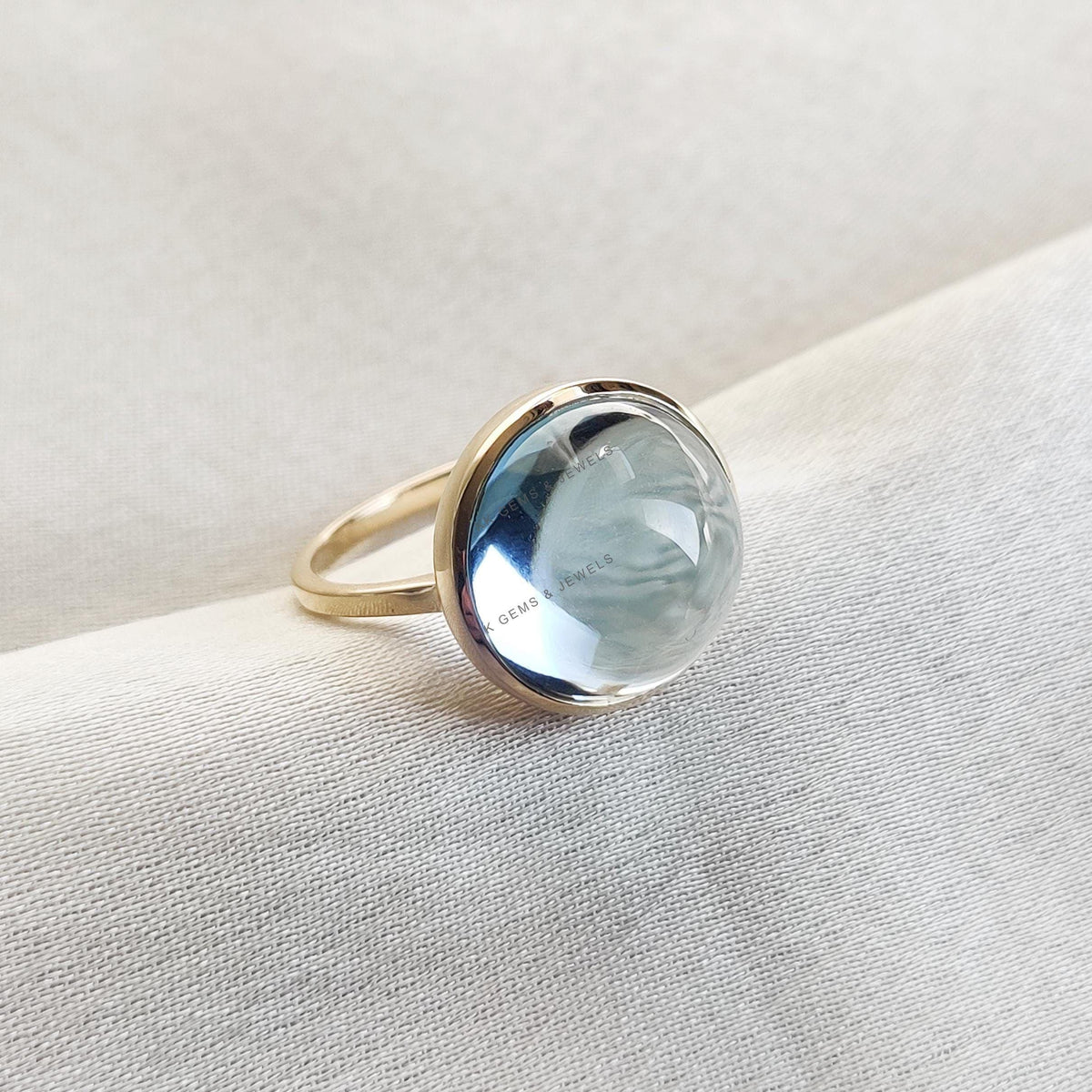 Natural Sky Blue Topaz Ring, 14K Solid Yellow Gold, Round Cabochon Handmade Jewelry