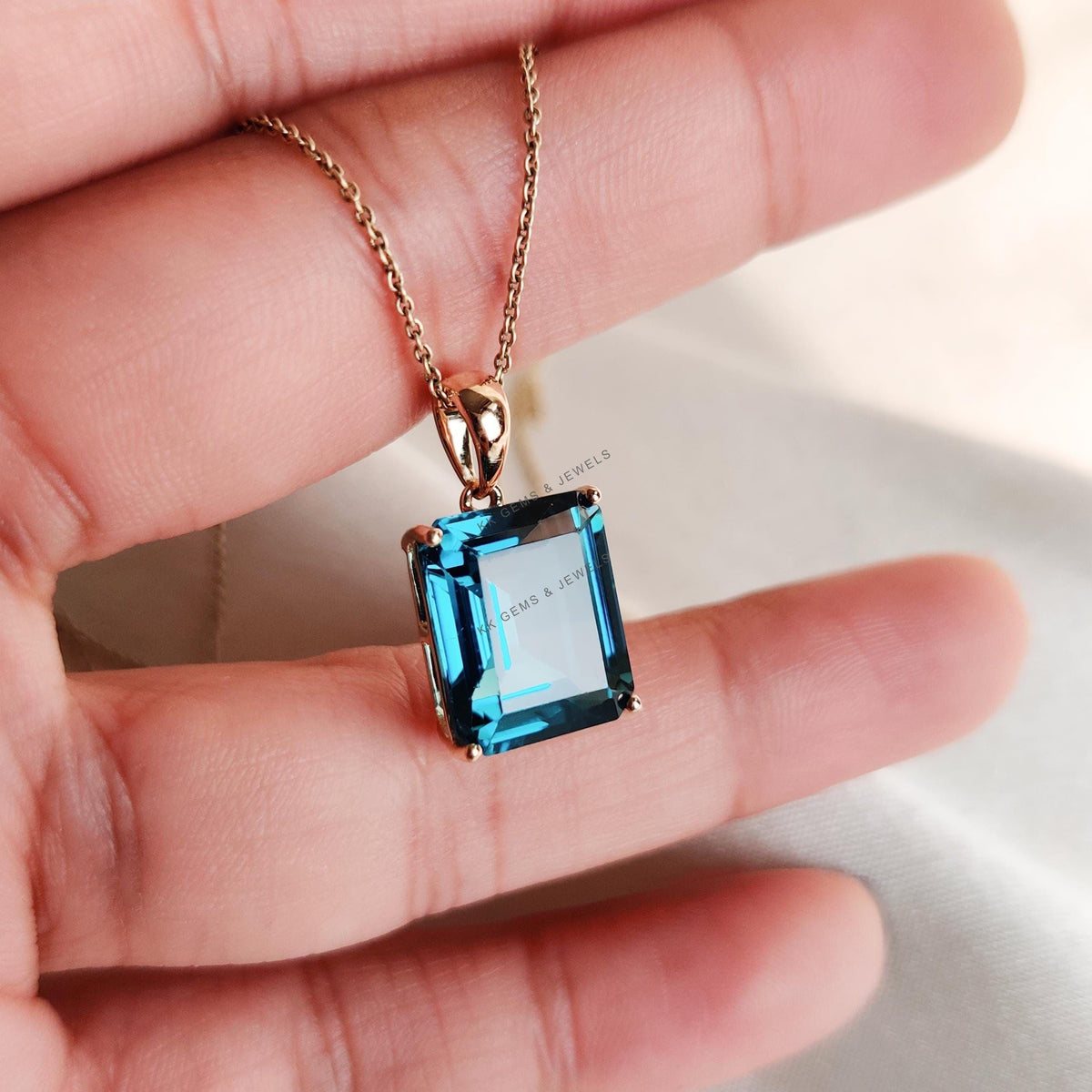 Natural London Blue Topaz Pendant, 14K Solid Yellow Gold, December Birthstone