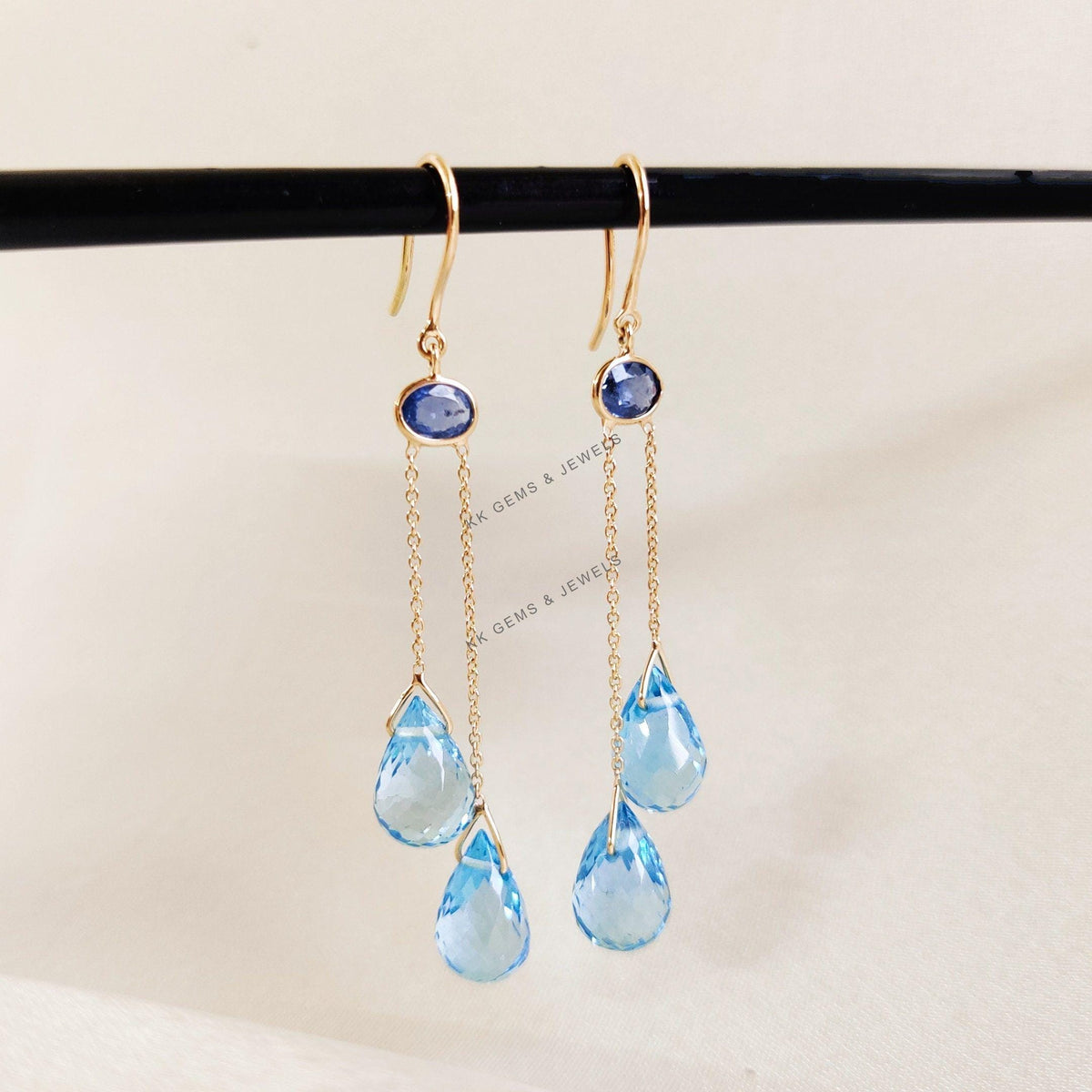 14K Solid Gold Natural Blue Sapphire & Topaz Drop Earrings, September December Birthstone