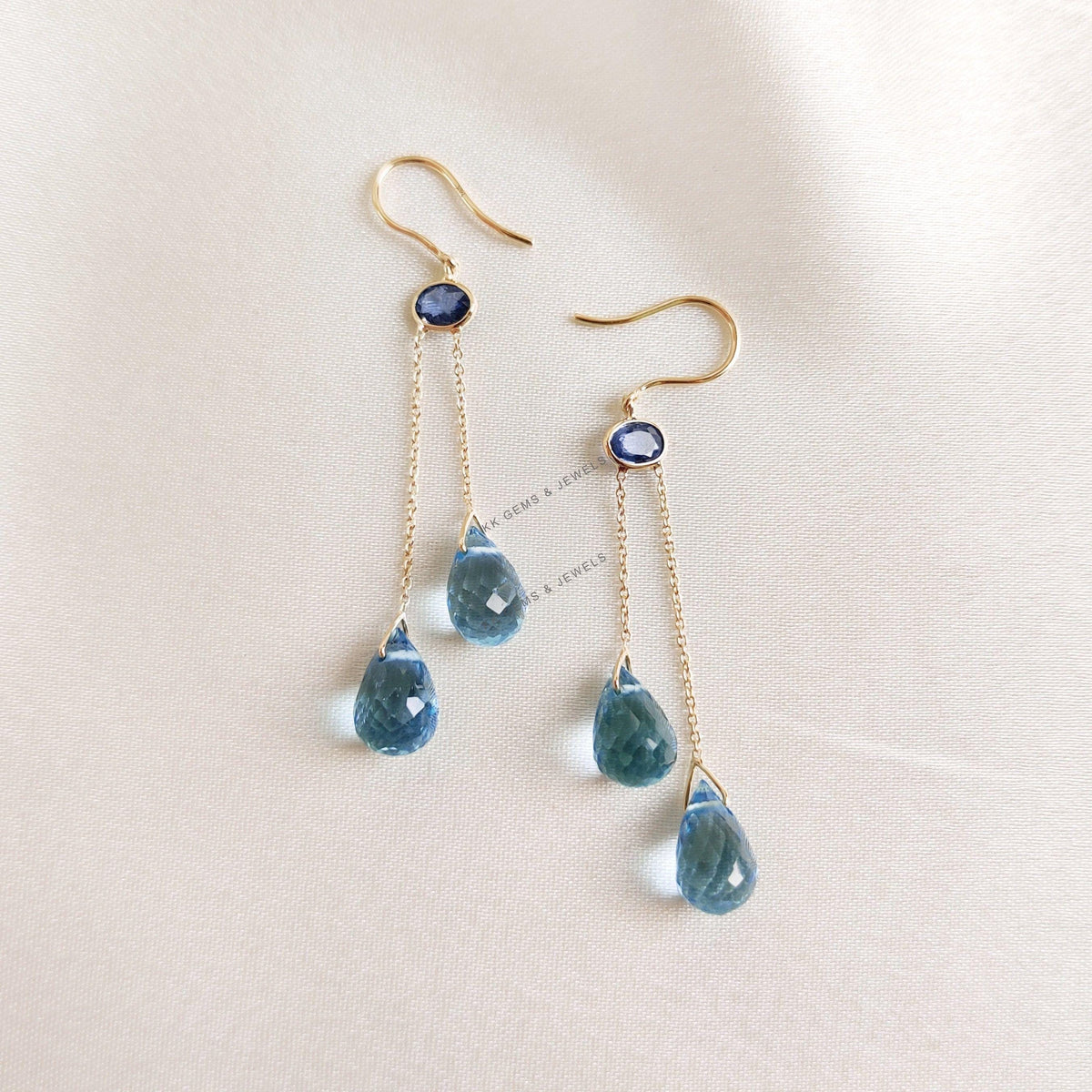 14K Solid Gold Natural Blue Sapphire & Topaz Drop Earrings, September December Birthstone
