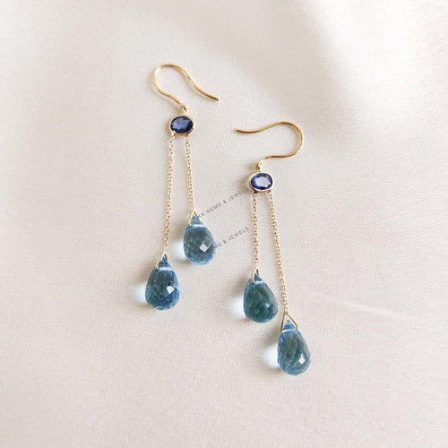 14K Solid Gold Natural Blue Sapphire & Topaz Drop Earrings, September December Birthstone