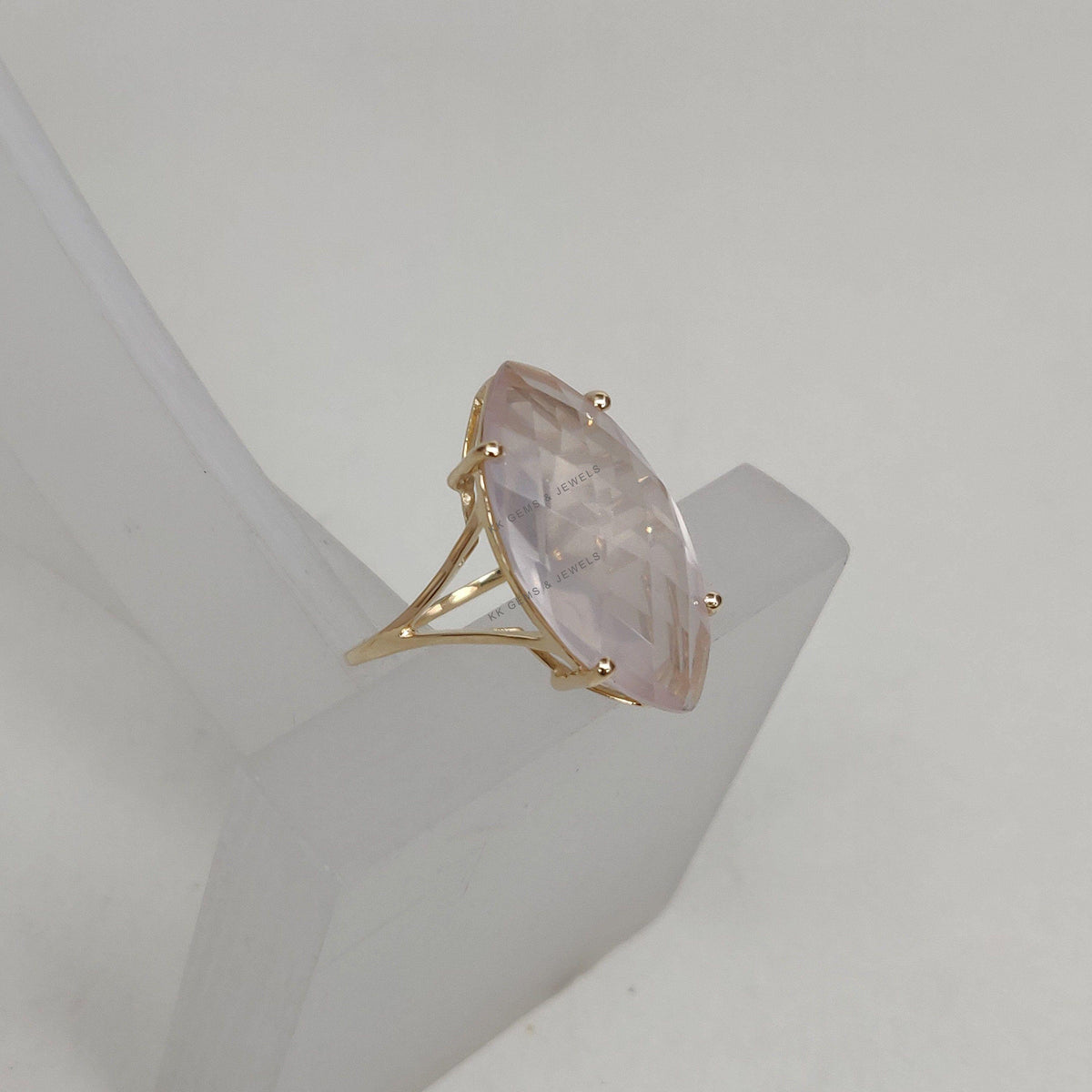 14K Solid Gold Natural Rose Quartz Ring, Marquise Gemstone