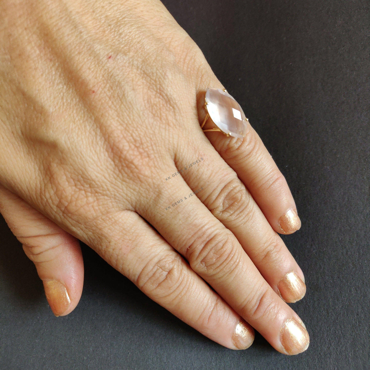 14K Solid Gold Natural Rose Quartz Ring, Marquise Gemstone