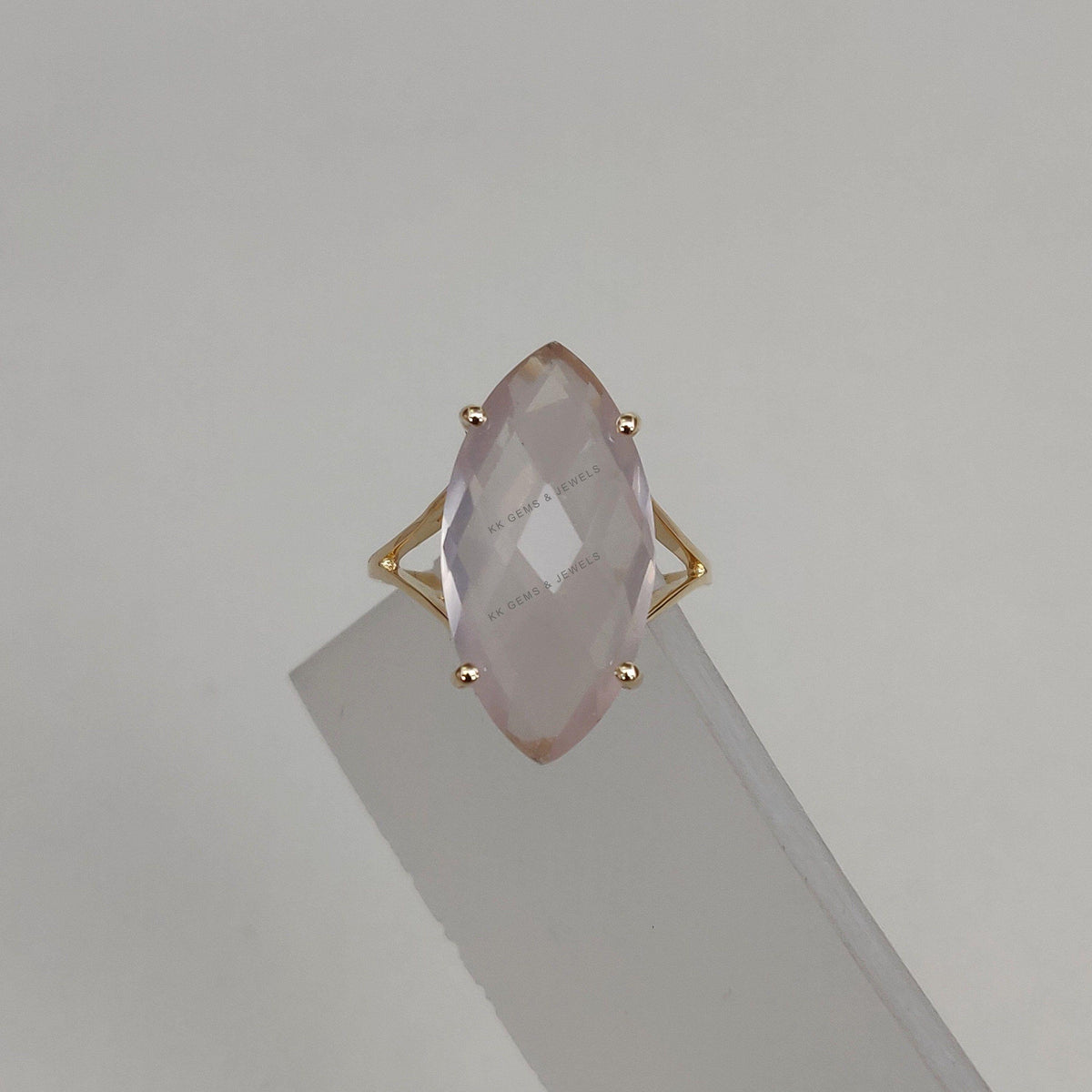 14K Solid Gold Natural Rose Quartz Ring, Marquise Gemstone