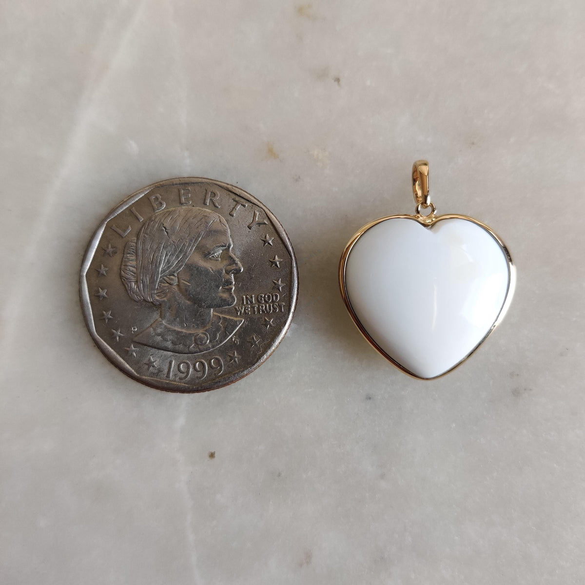 14K Solid Yellow Gold Natural White Opal Heart Bezel Pendant, October Birthstone