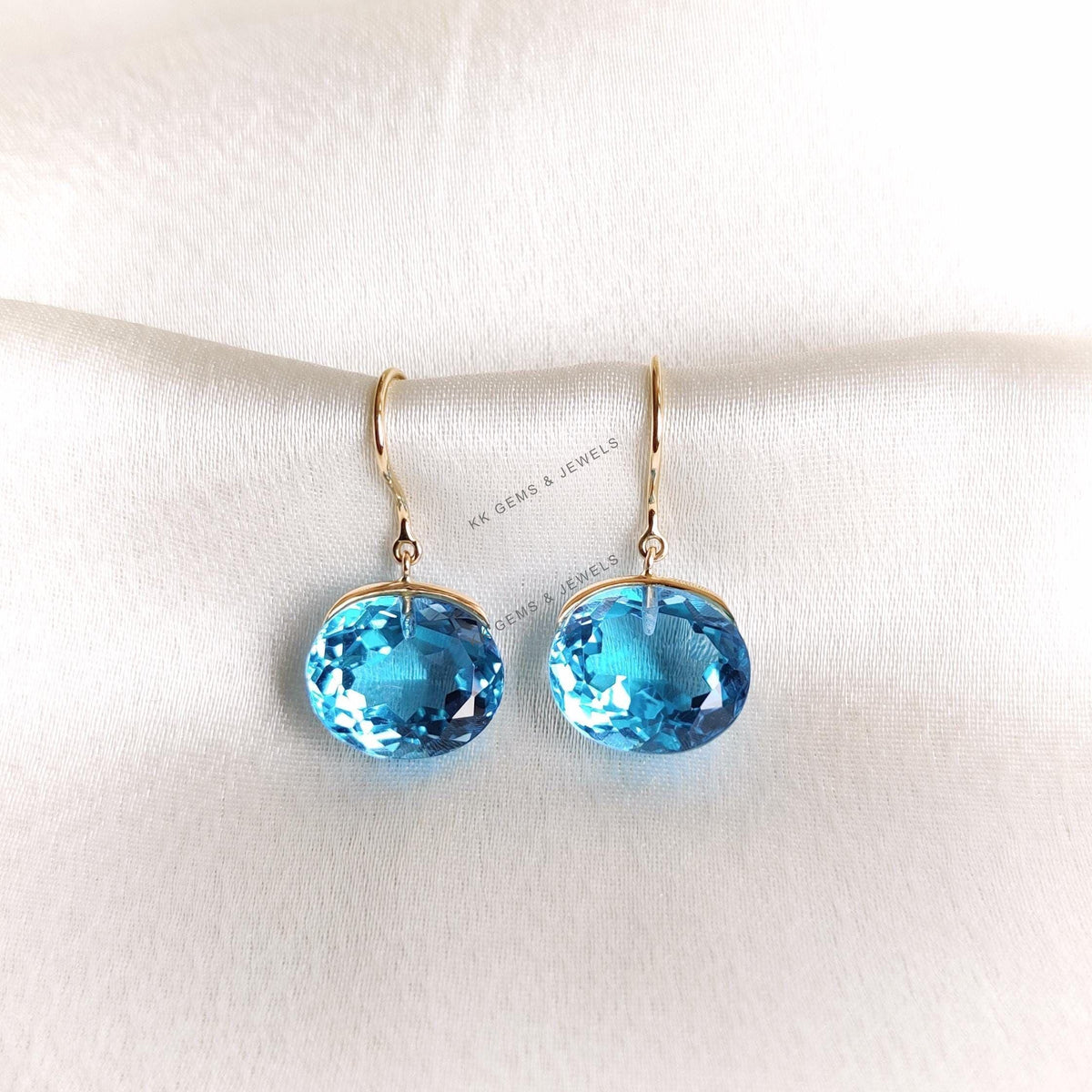Natural Swiss Blue Topaz Earrings, 14K Solid Yellow Gold, December Birthstone