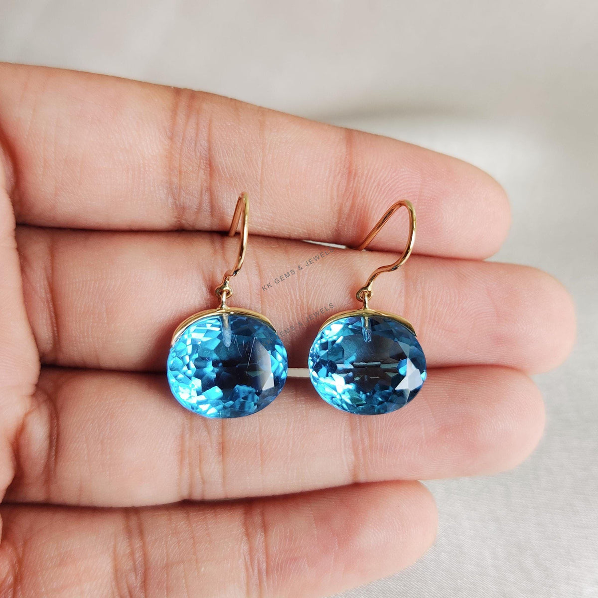 Natural Swiss Blue Topaz Earrings, 14K Solid Yellow Gold, December Birthstone