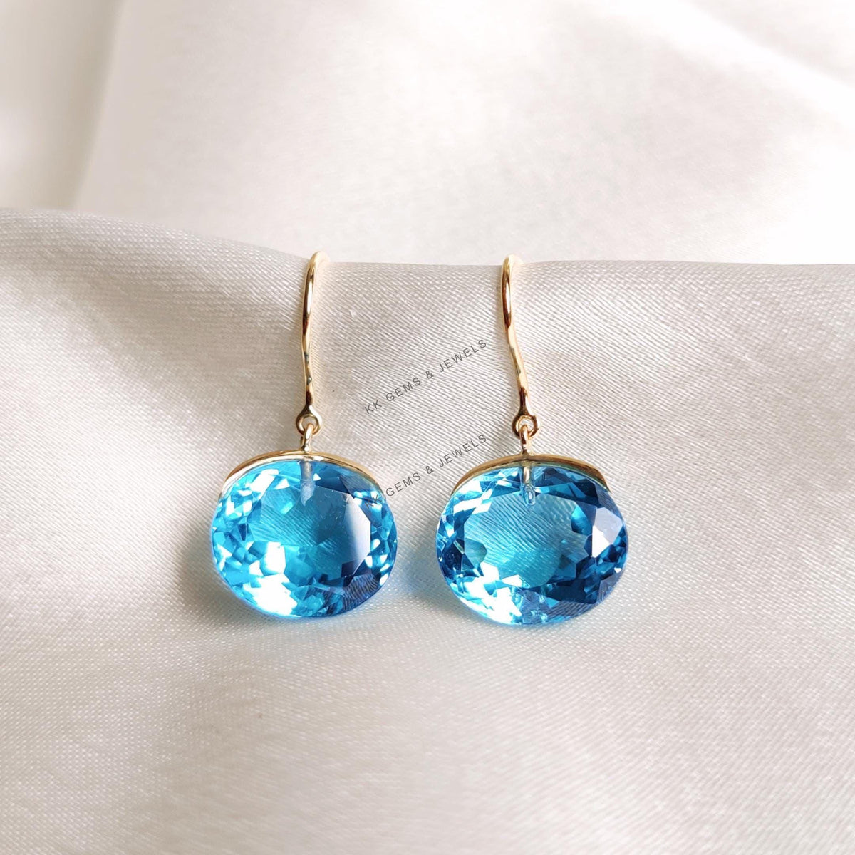 Natural Swiss Blue Topaz Earrings, 14K Solid Yellow Gold, December Birthstone
