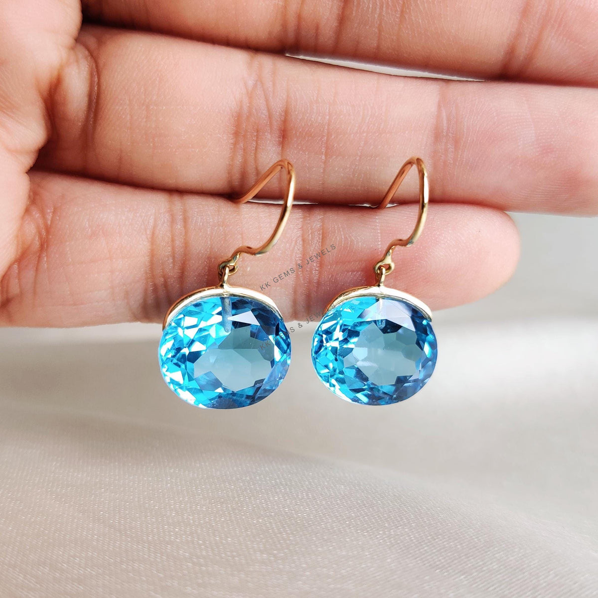 Natural Swiss Blue Topaz Earrings, 14K Solid Yellow Gold, December Birthstone