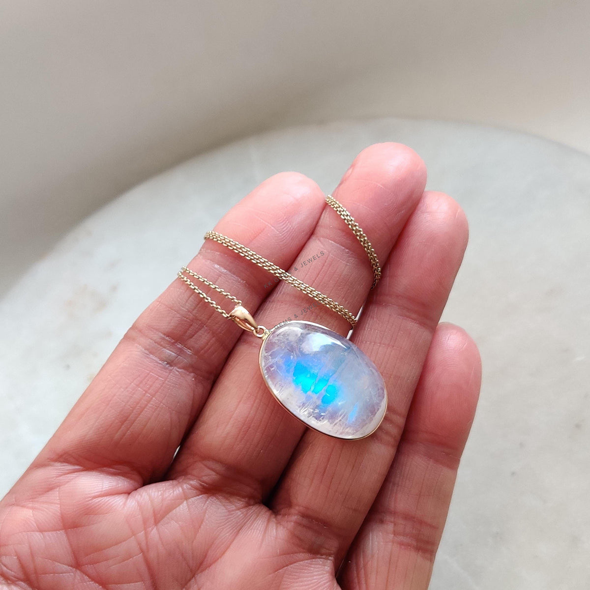 Natural Rainbow Moonstone Pendant, 14K Solid Yellow Gold Pendant, June Birthstone
