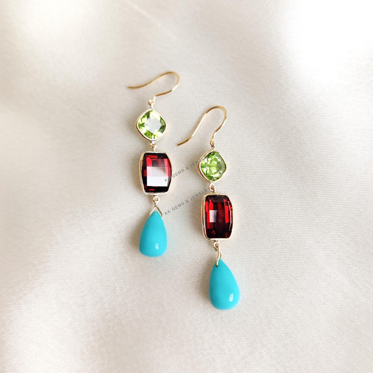 14K Solid Yellow Gold Natural Turquoise & Garnet and Peridot Bezel Danglers