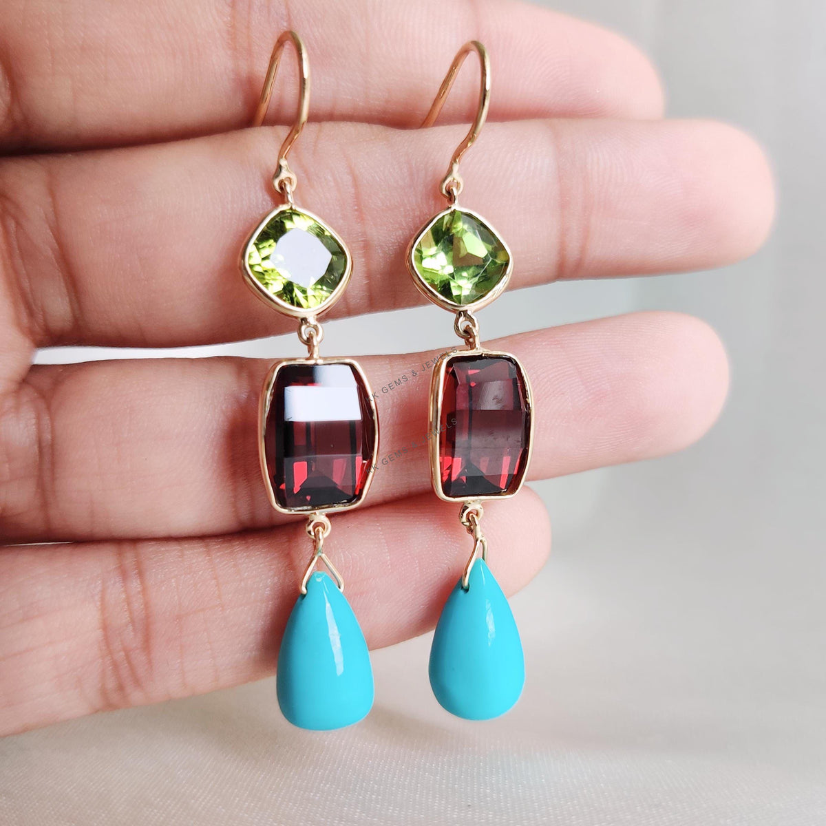 14K Solid Yellow Gold Natural Turquoise & Garnet and Peridot Bezel Danglers