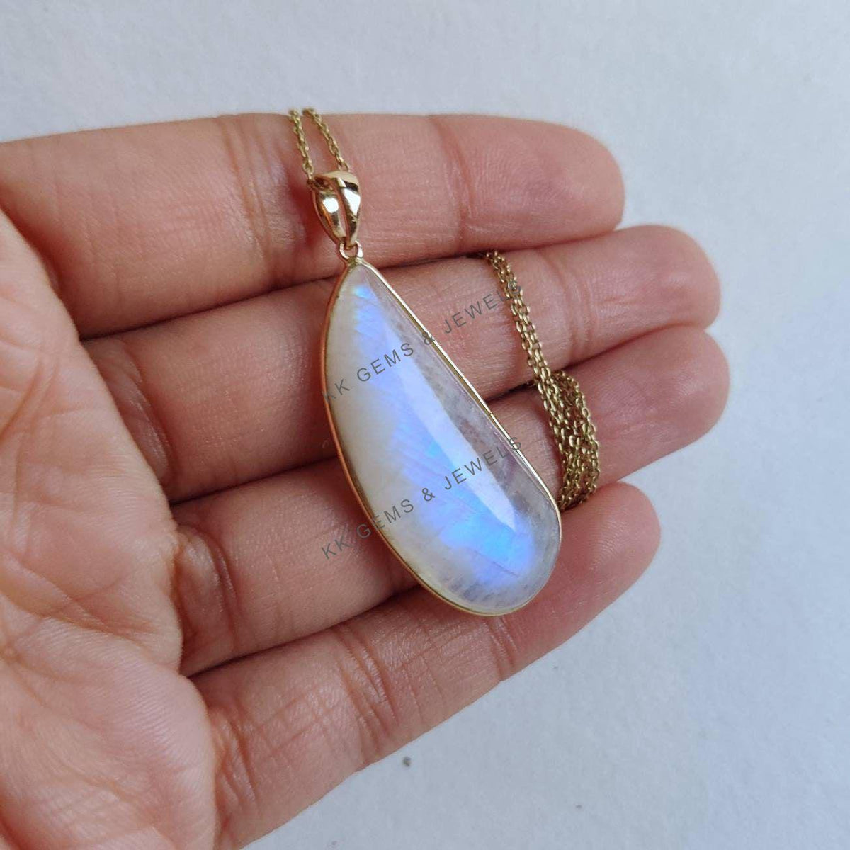Natural Rainbow Moonstone Pendant, 14K Solid Yellow Gold, June Birthstone