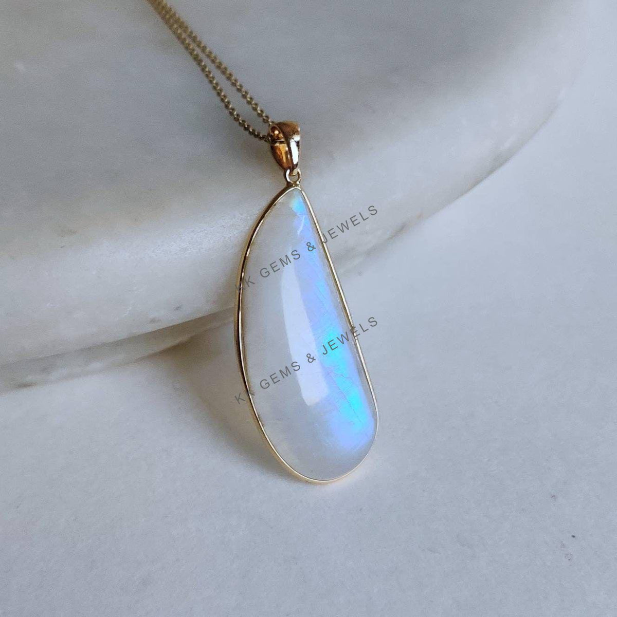 Natural Rainbow Moonstone Pendant, 14K Solid Yellow Gold, June Birthstone