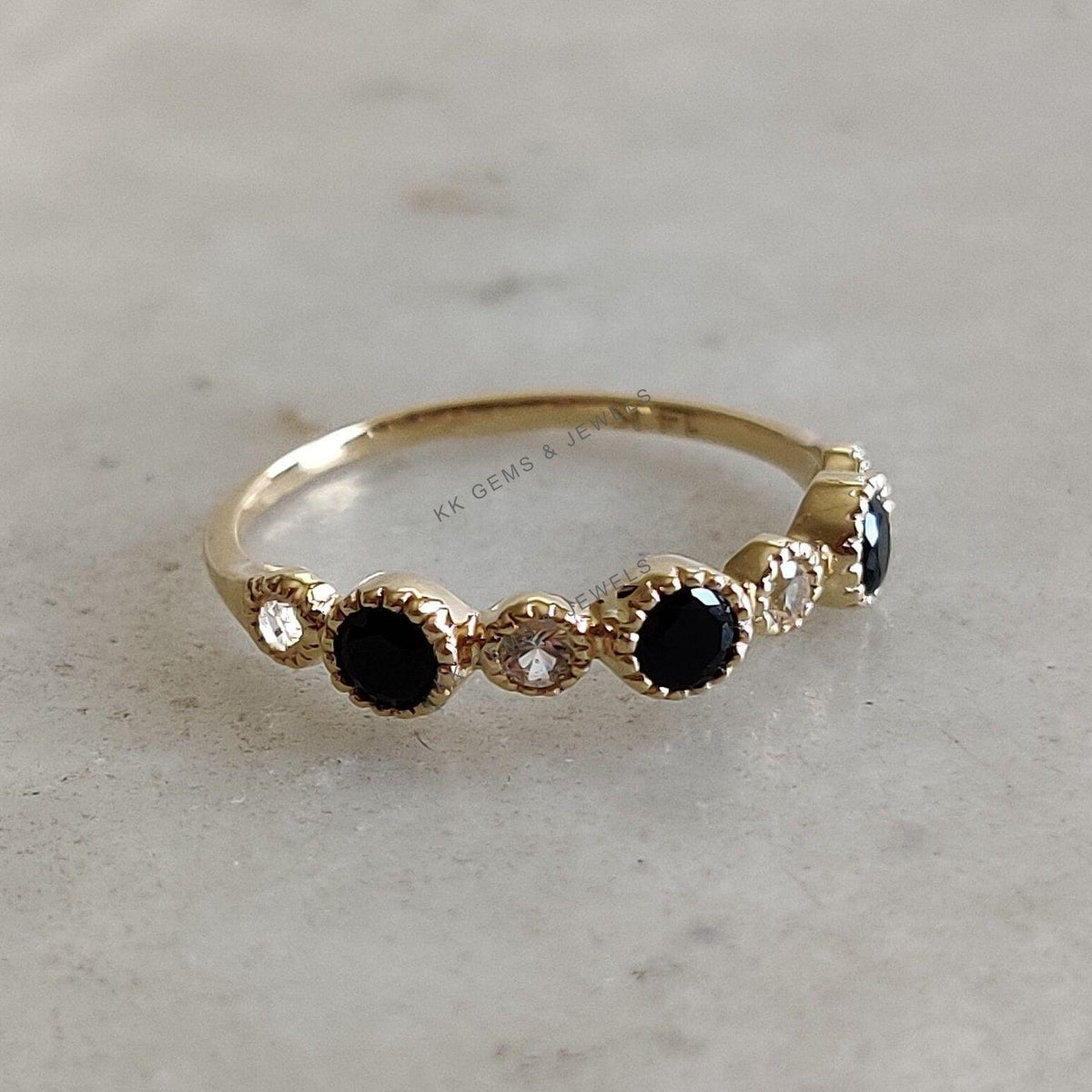 Natural Black Spinel & White Topaz Ring, 14K Solid Yellow Gold Dainty Stackable Ring
