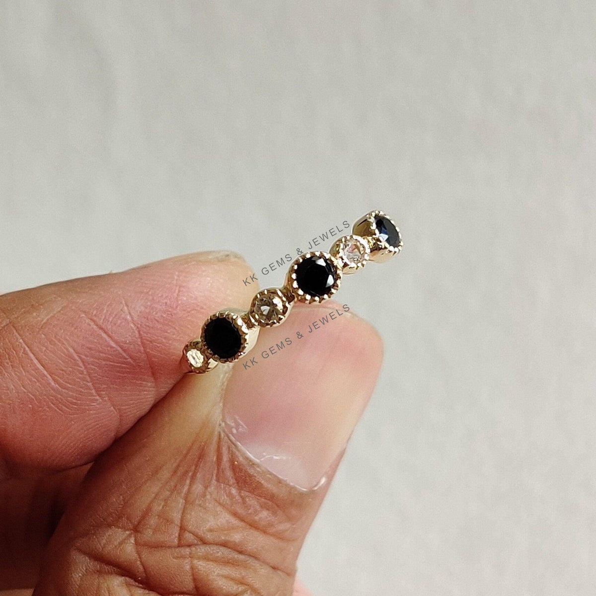 Natural Black Spinel & White Topaz Ring, 14K Solid Yellow Gold Dainty Stackable Ring