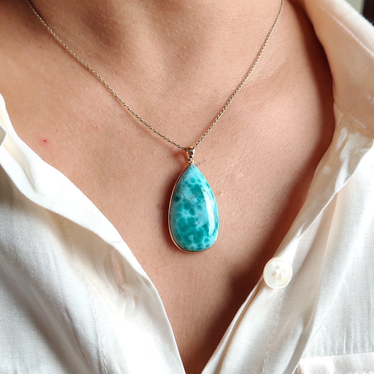 Natural Pear Larimar Bezel Pendant, 14K Solid Yellow Gold, March Birthstone