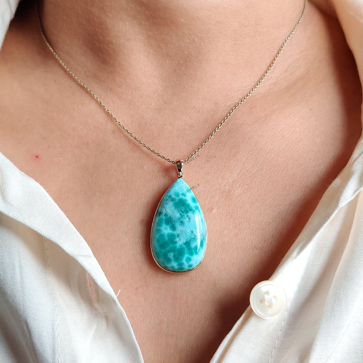 Natural Pear Larimar Bezel Pendant, 14K Solid Yellow Gold, March Birthstone