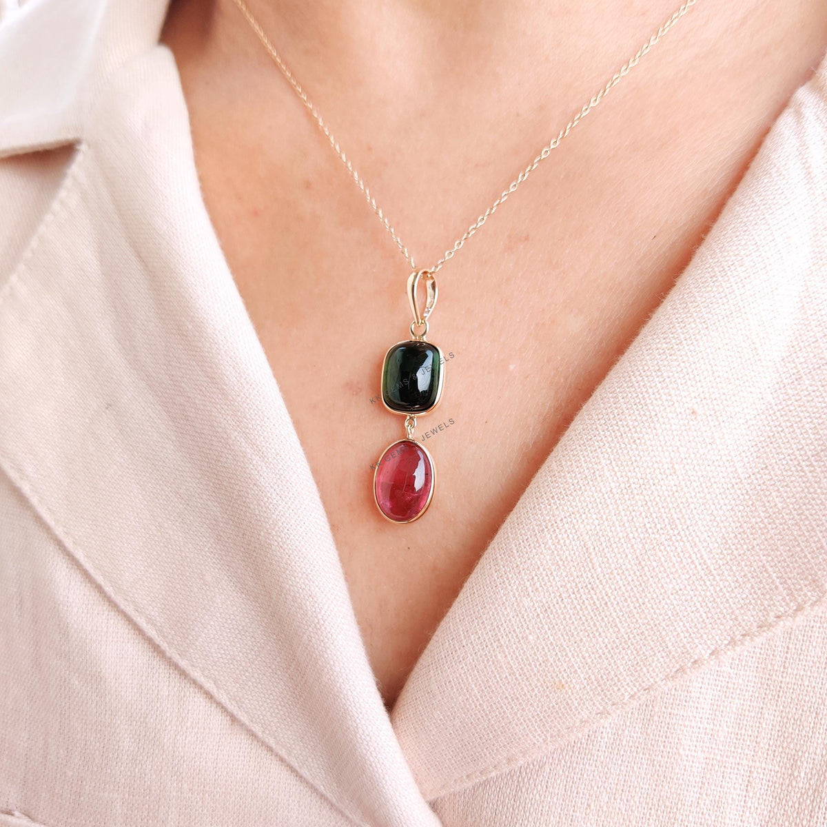 Natural Pink & Green Tourmaline Pendant, 14K Solid Yellow Gold Bezel Pendant, October Birthstone