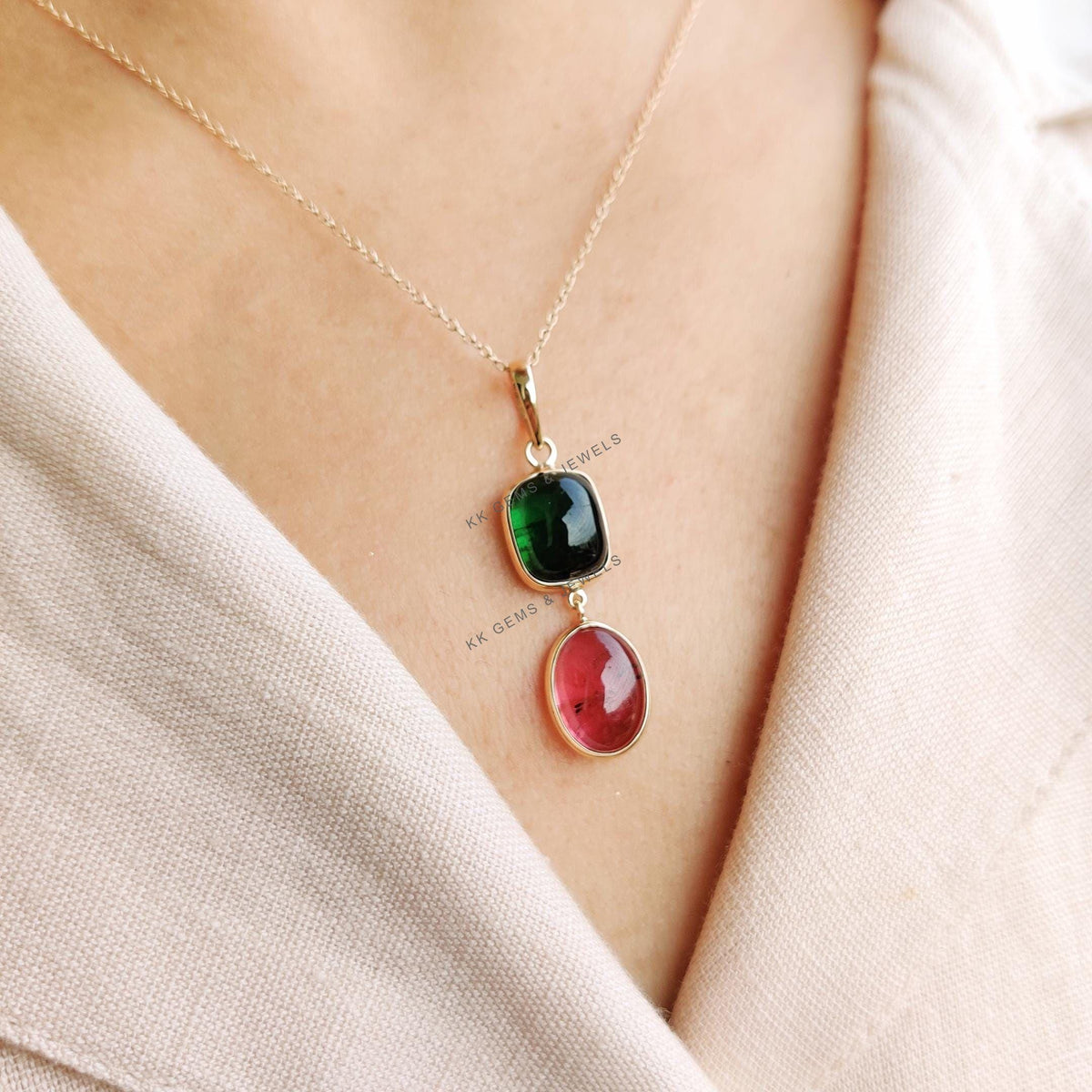 Natural Pink & Green Tourmaline Pendant, 14K Solid Yellow Gold Bezel Pendant, October Birthstone