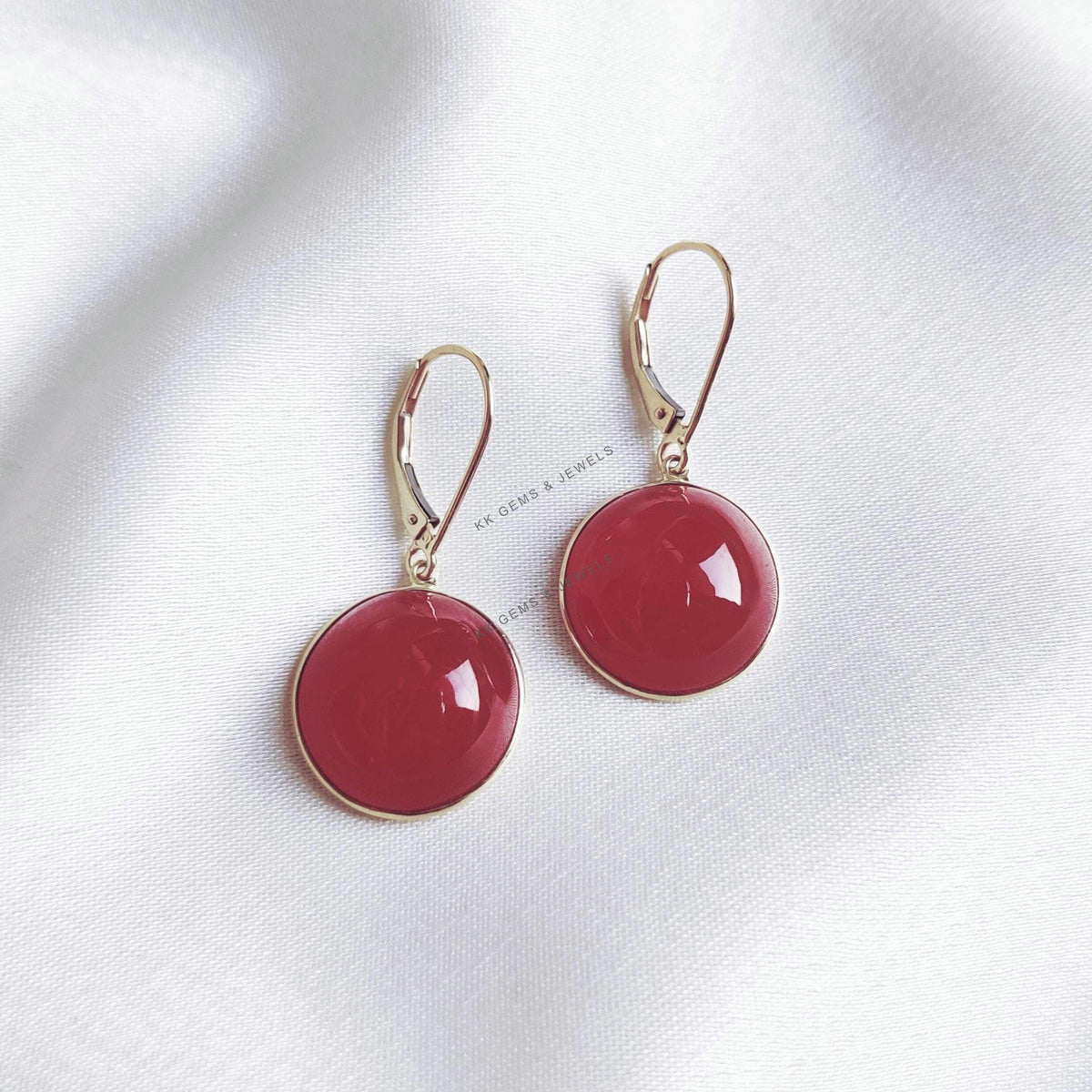 14K Solid Yellow Gold Natural Red Onyx Earrings, Round Cabochon Dangle