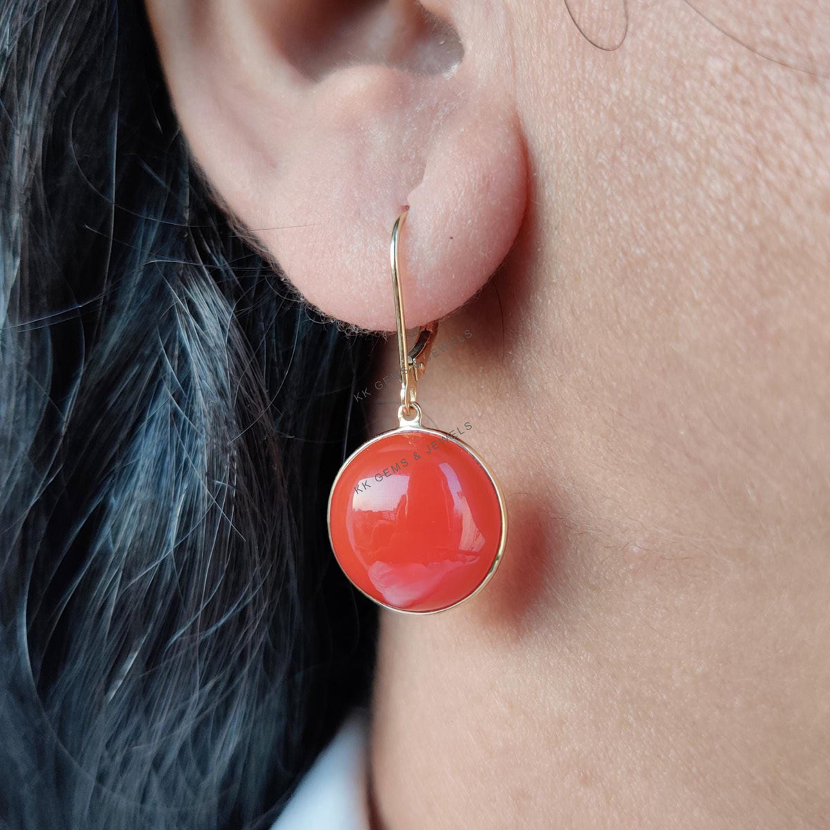 14K Solid Yellow Gold Natural Red Onyx Earrings, Round Cabochon Dangle