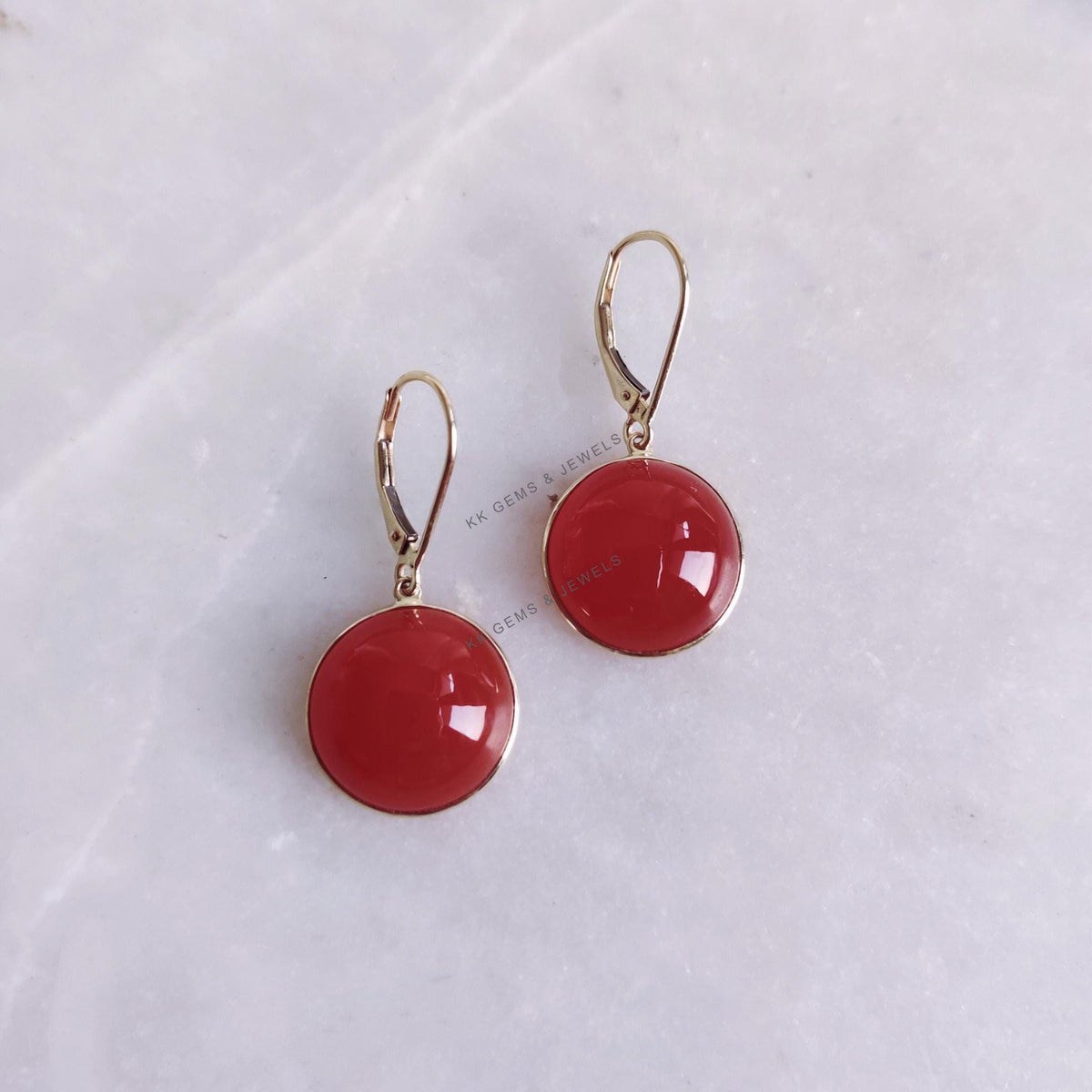 14K Solid Yellow Gold Natural Red Onyx Earrings, Round Cabochon Dangle