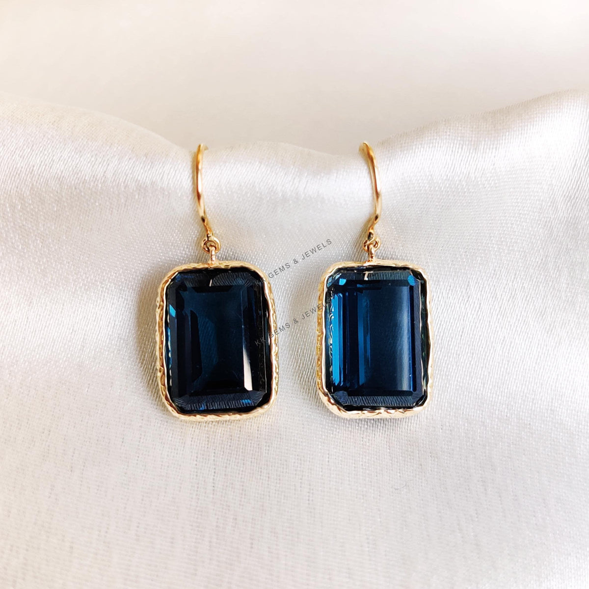 14k Solid Yellow Gold Natural London Blue Topaz Bezel Earrings, Octagon Gemstone