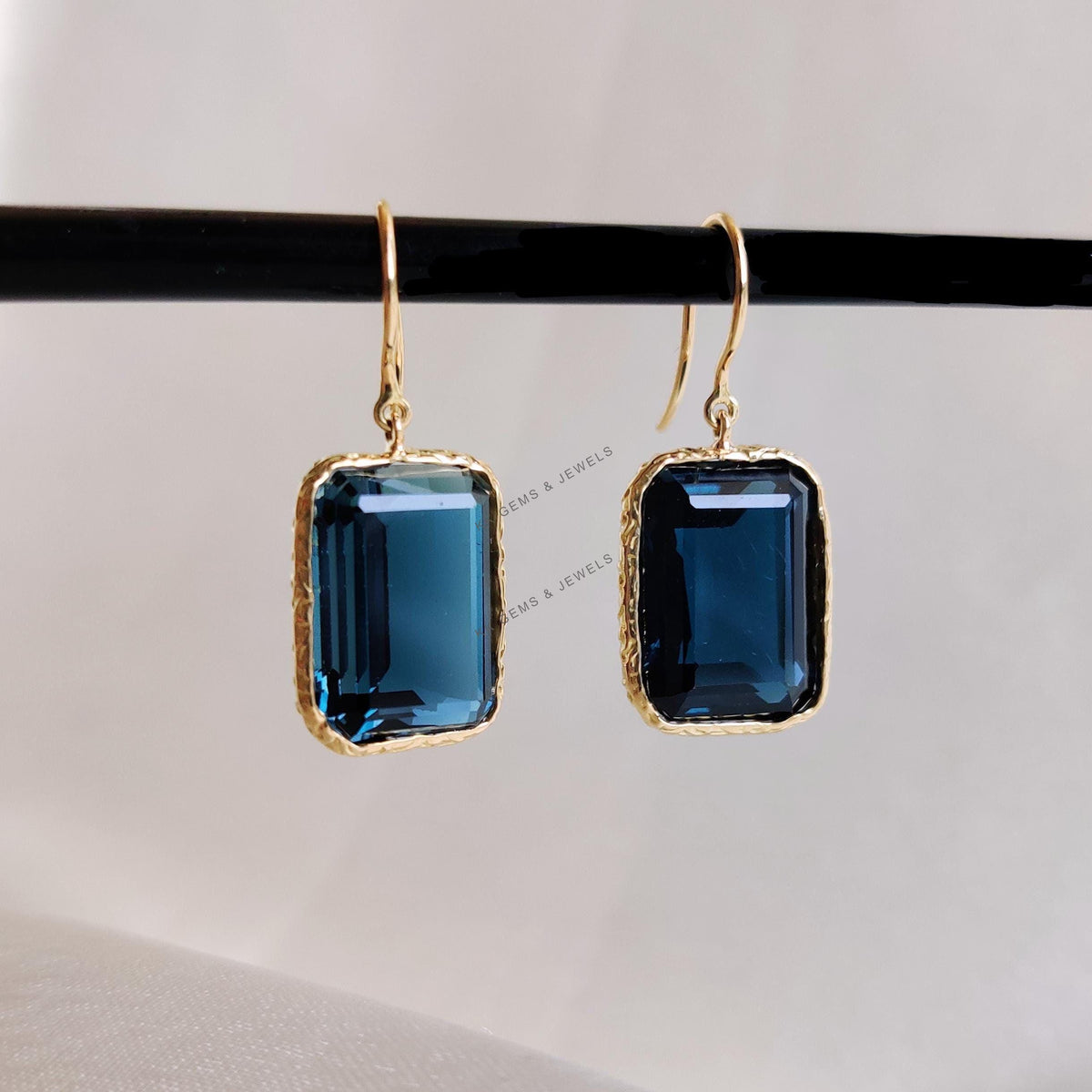 14k Solid Yellow Gold Natural London Blue Topaz Bezel Earrings, Octagon Gemstone