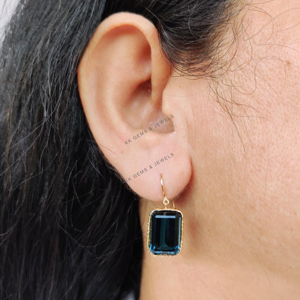 14k Solid Yellow Gold Natural London Blue Topaz Bezel Earrings, Octagon Gemstone