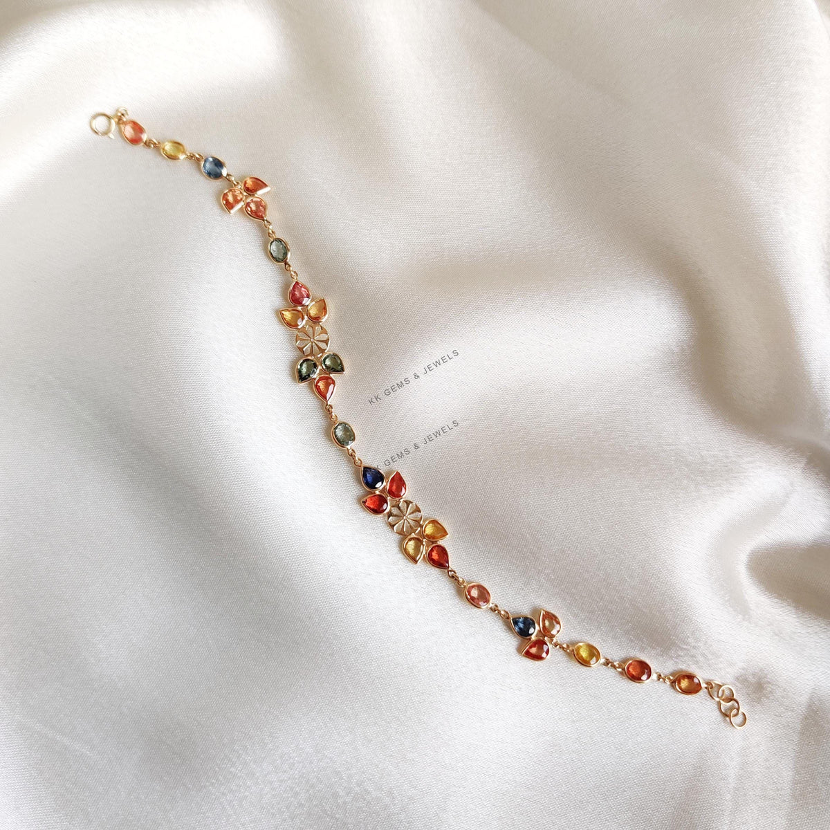Natural Multi Sapphire 14K Solid Yellow Gold Bracelet, September Birthstone