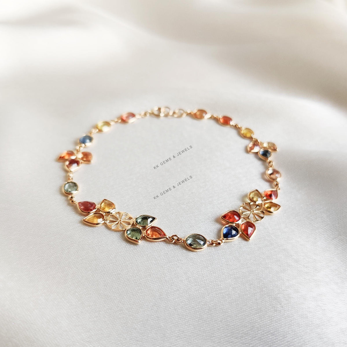 Natural Multi Sapphire 14K Solid Yellow Gold Bracelet, September Birthstone