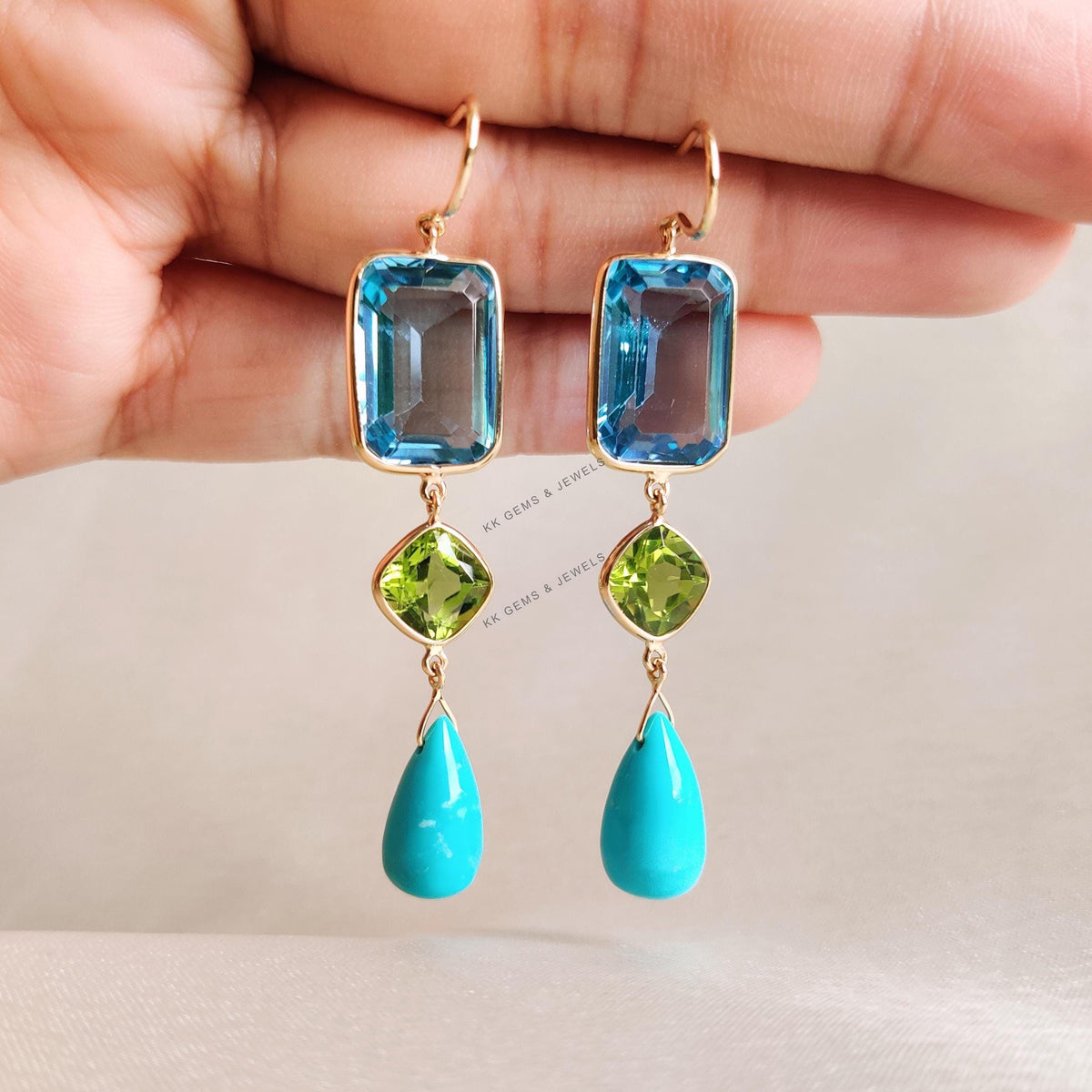 14K Solid Gold Natural Swiss Blue Topaz & Peridot and Turquoise Drop Earrings