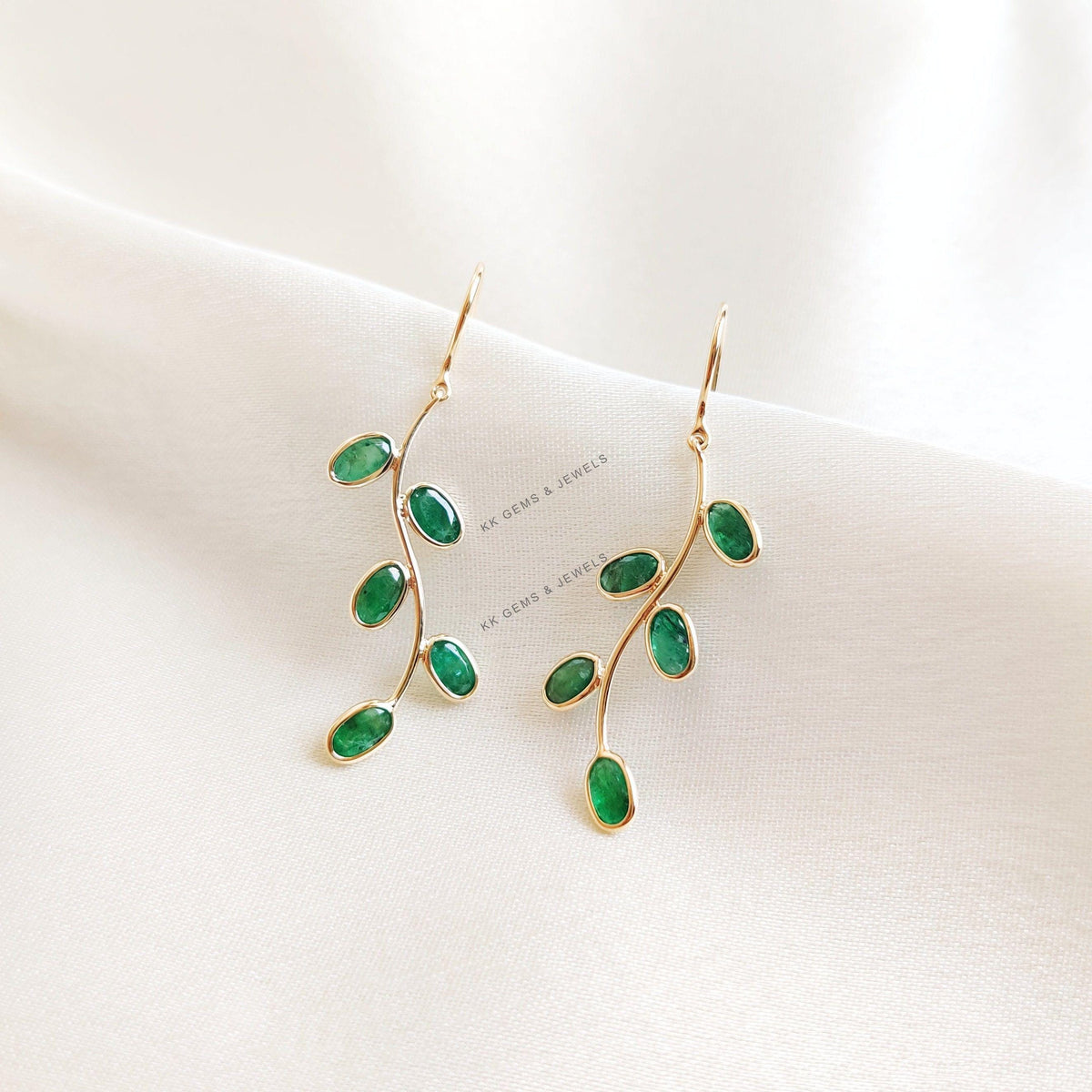 14K Solid Yellow Gold Natural Emerald Earrings, May Birthstone, Christmas Present