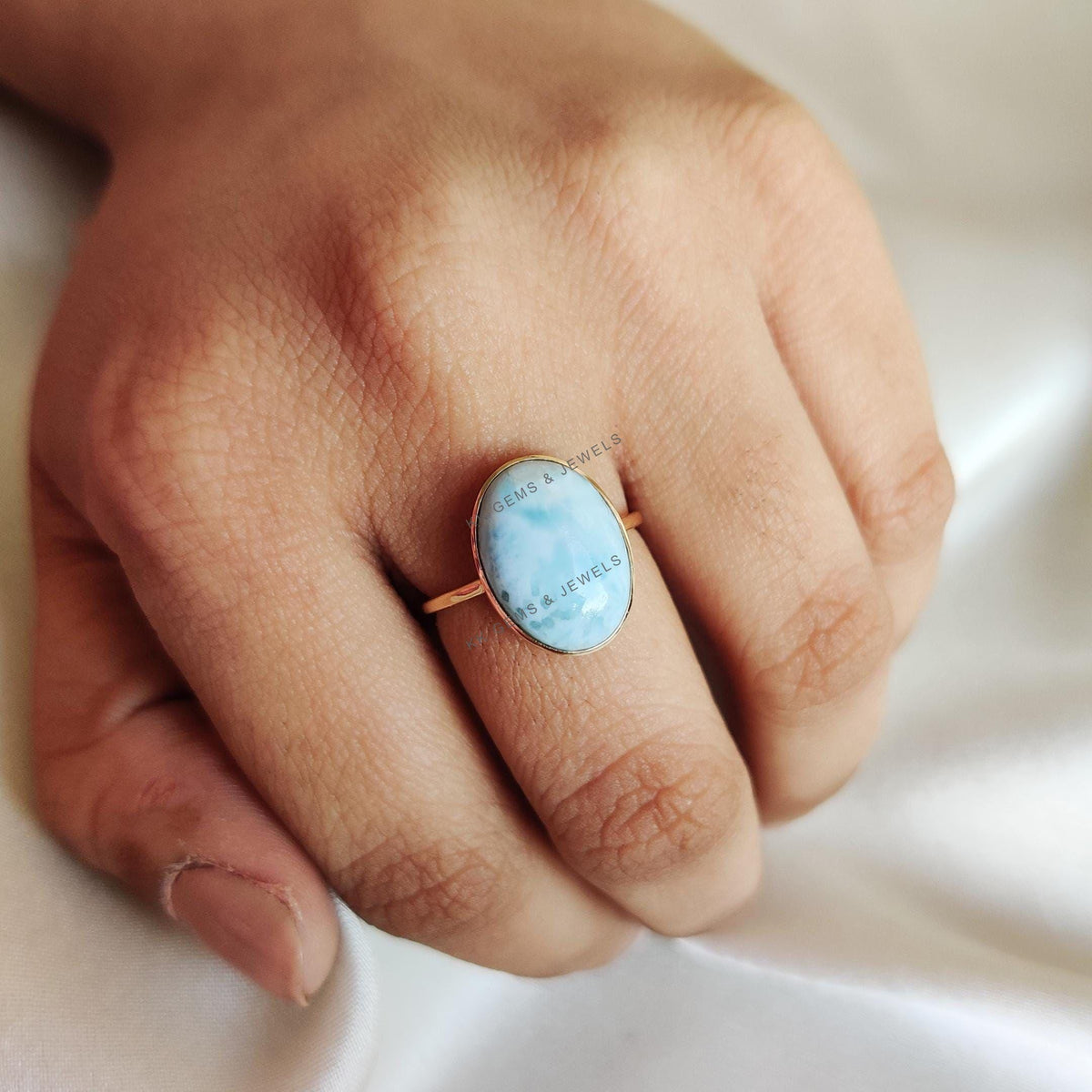 Natural Larimar Ring: 14K Solid Yellow Gold Bezel Ring, Oval Cabochon