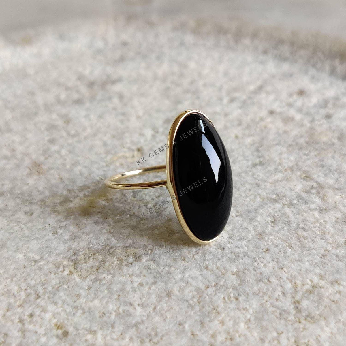 14K Solid Yellow Gold Natural Black Onyx Bezel Ring, December Birthstone