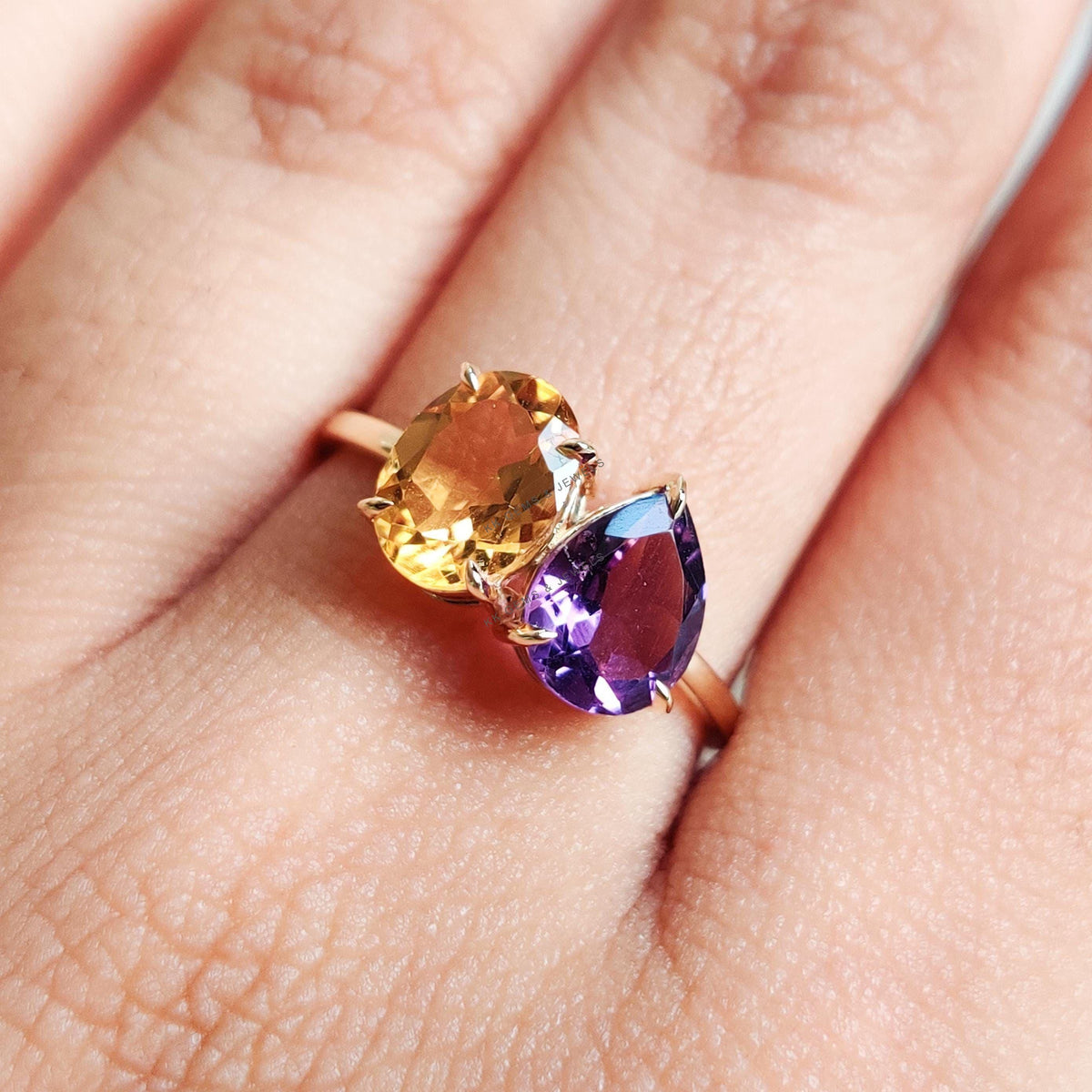 Natural Purple Amethyst & Citrine Ring, 14K Solid Yellow Gold Toi et Moi Ring