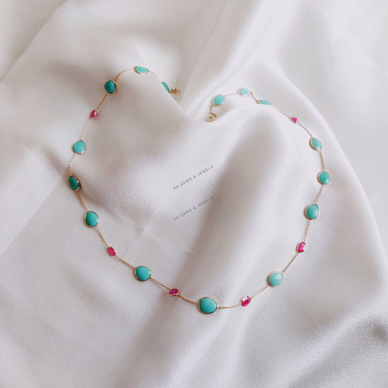 14K Solid Gold Natural Ruby & Turquoise Necklace, Multi Stone Jewelry