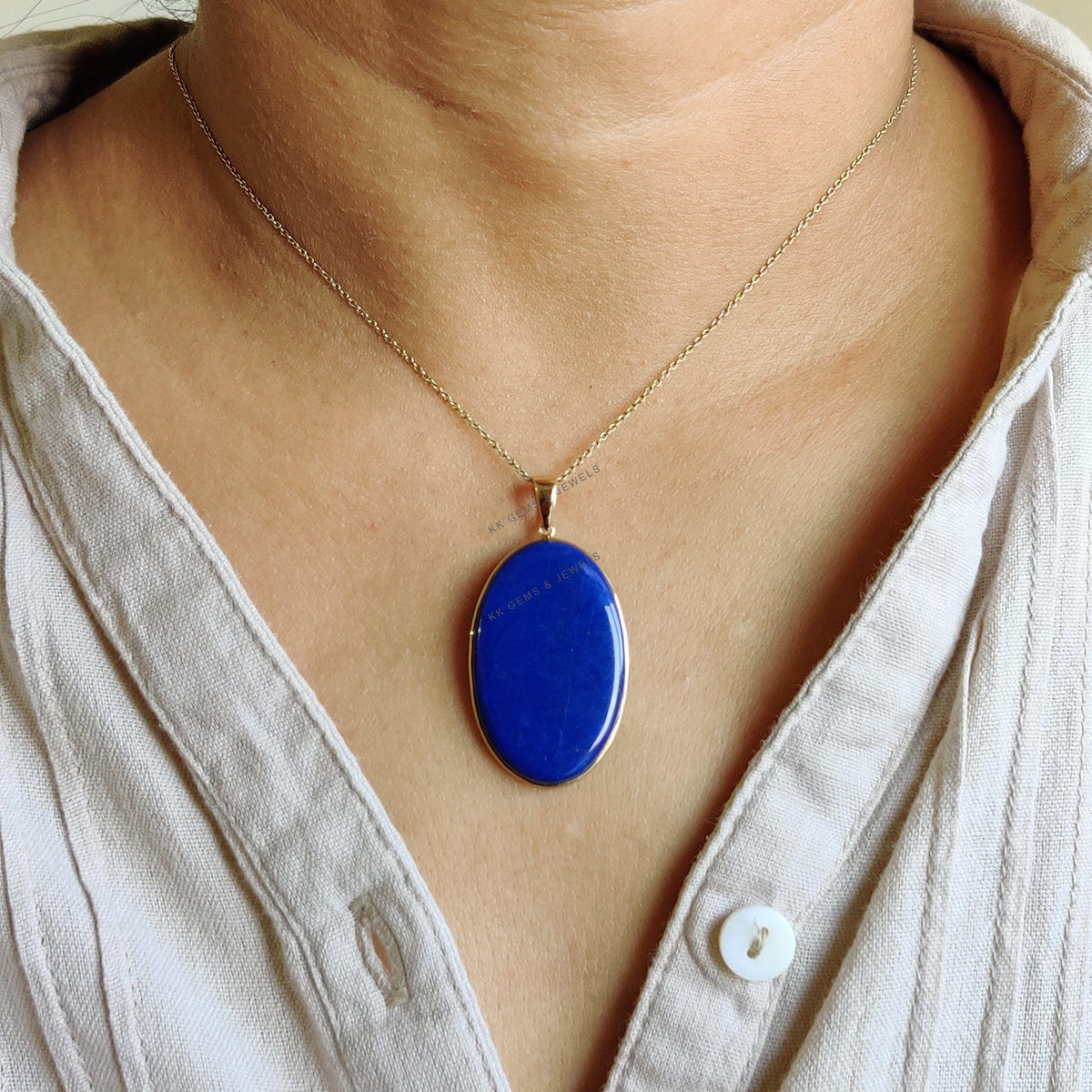14K Solid Yellow Gold Natural Lapis Lazuli Pendant, September Birthstone