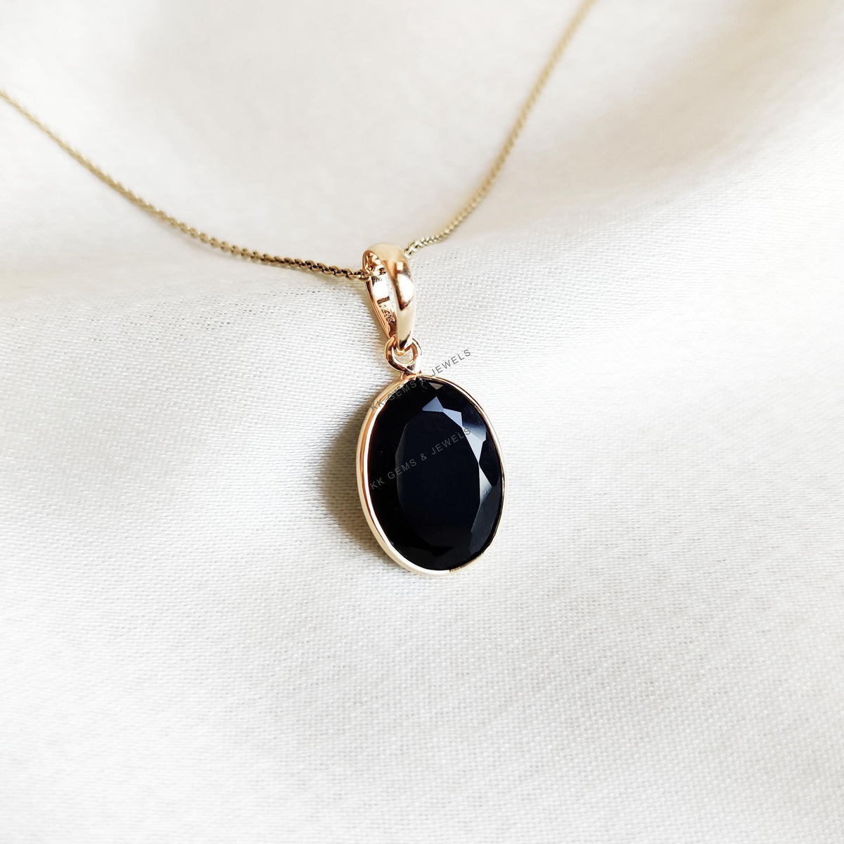 14K Solid Gold Natural Black Onyx Bezel Pendant, December Birthstone