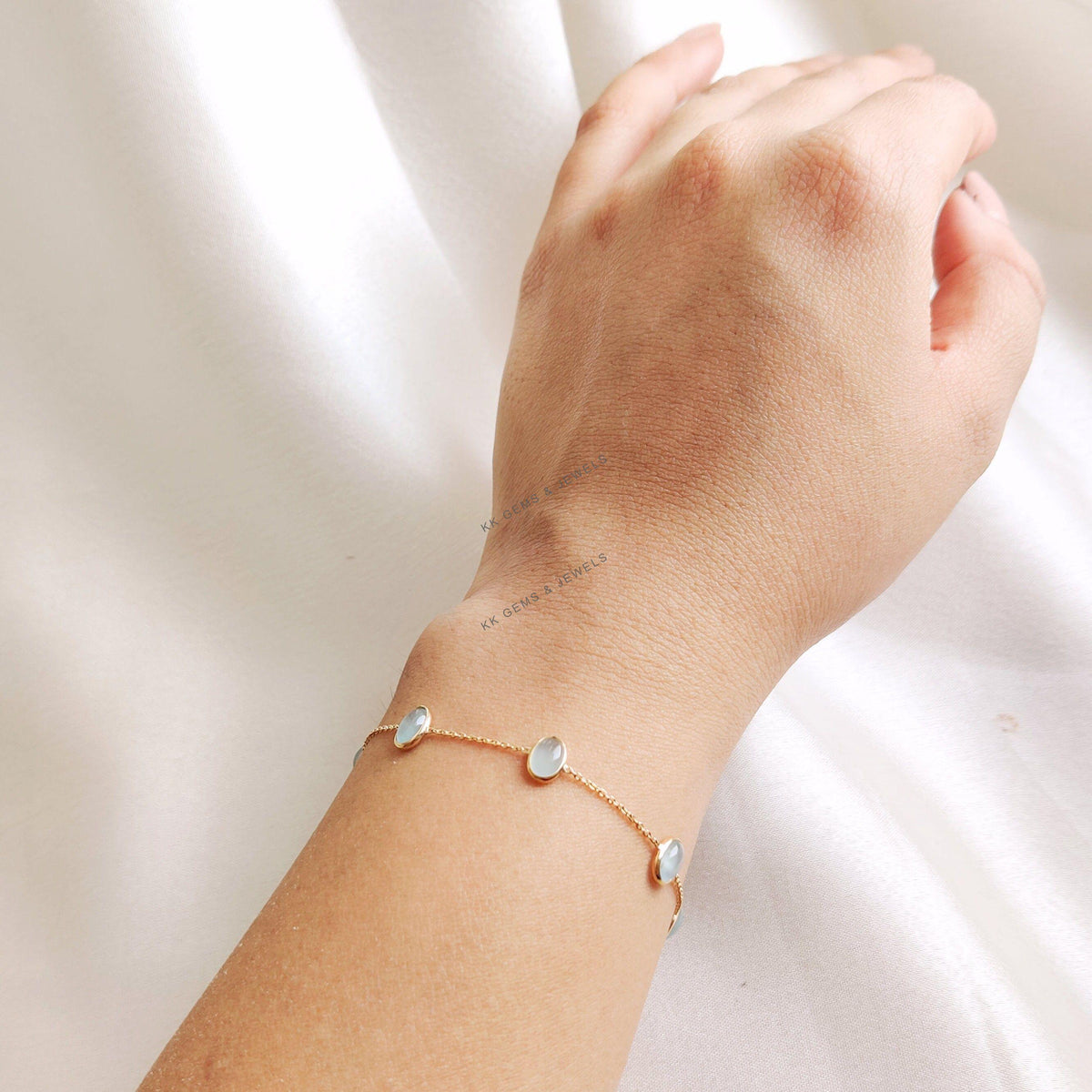 Natural Aquamarine Bracelet, 14K Solid Gold Bracelet, Oval Bezel Set