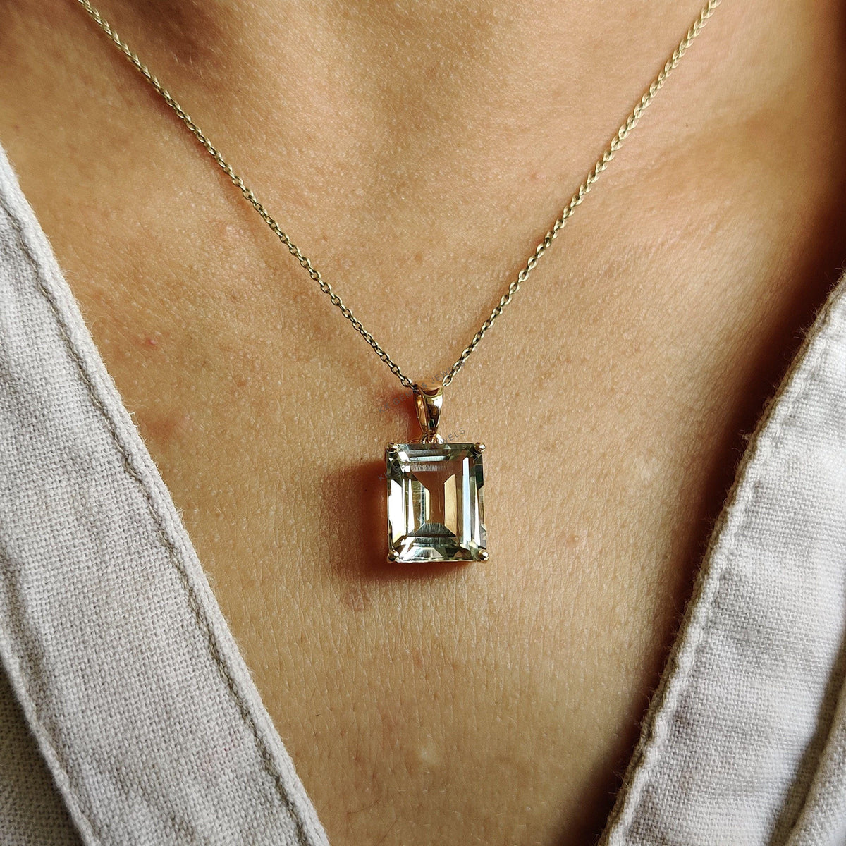 14K Solid Yellow Gold Natural Green Amethyst Octagon Pendant, February Birthstone, Christmas Present